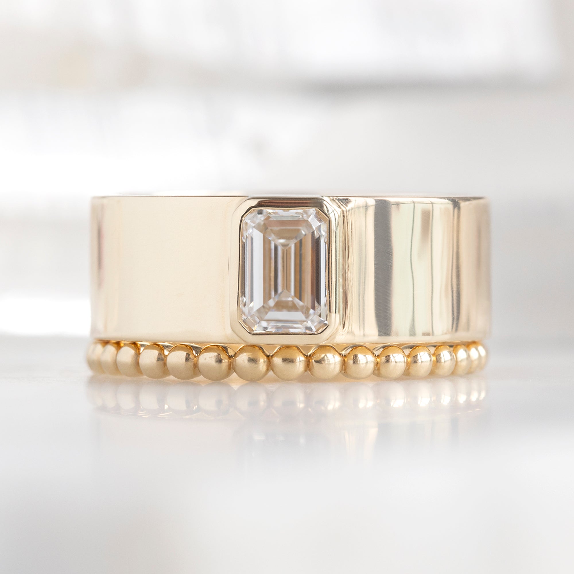 Alexis Russell Engagement Rings The Cigar Band with a Lab Grown Emerald White Diamond | Yellow, Rose or White Gold