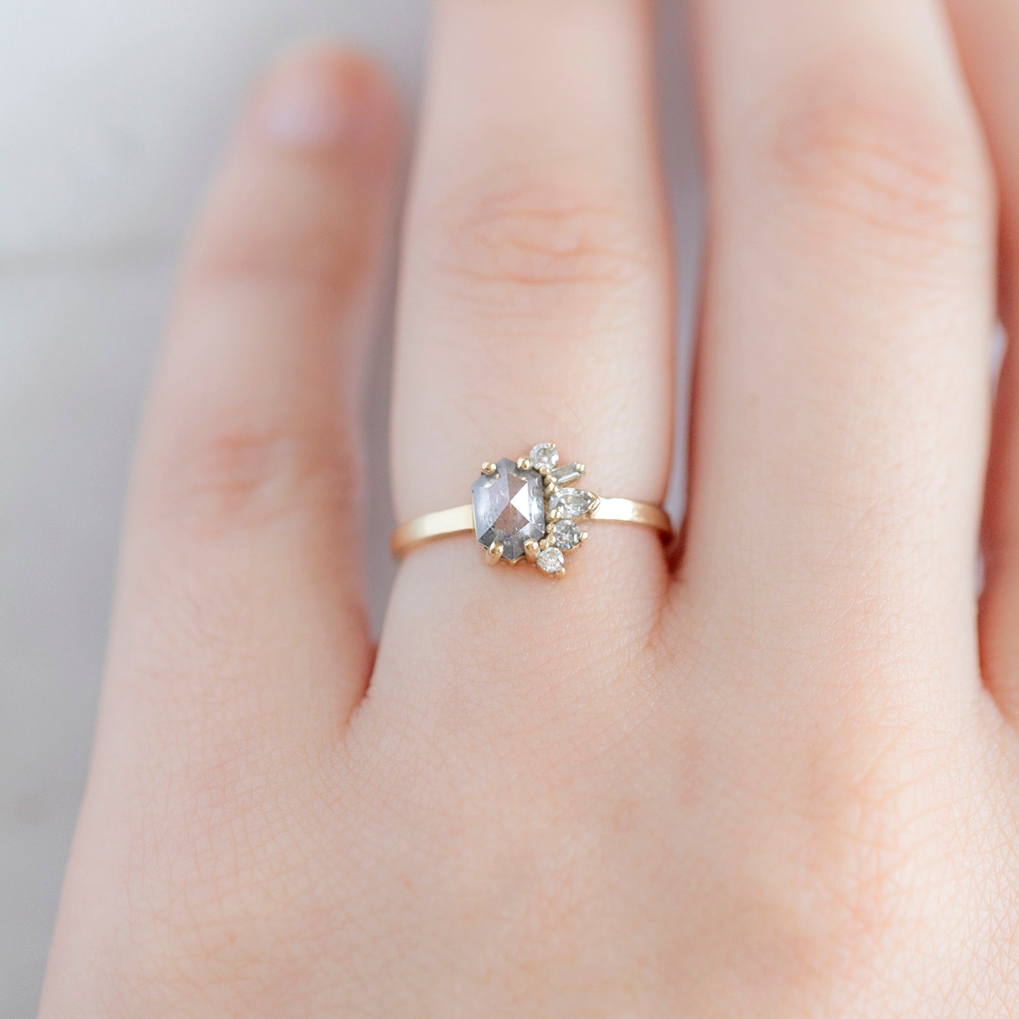 Alexis Russell Engagement Rings The Cluster Ring | 0.54ct Hexagon Salt and Pepper Diamond in 14K Yellow Gold