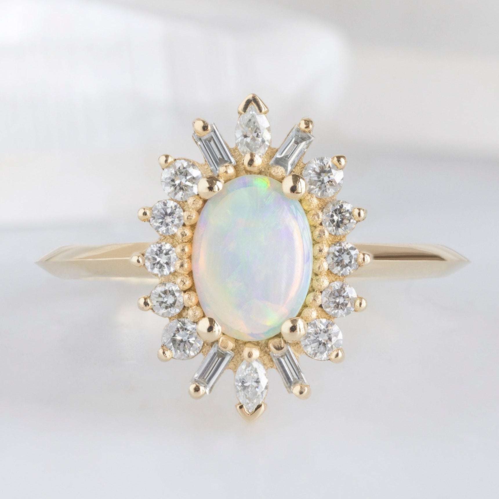 Alexis Russell Engagement Rings The Camellia Ring | 0.38ct Oval Australian Opal in 14K Yellow Gold