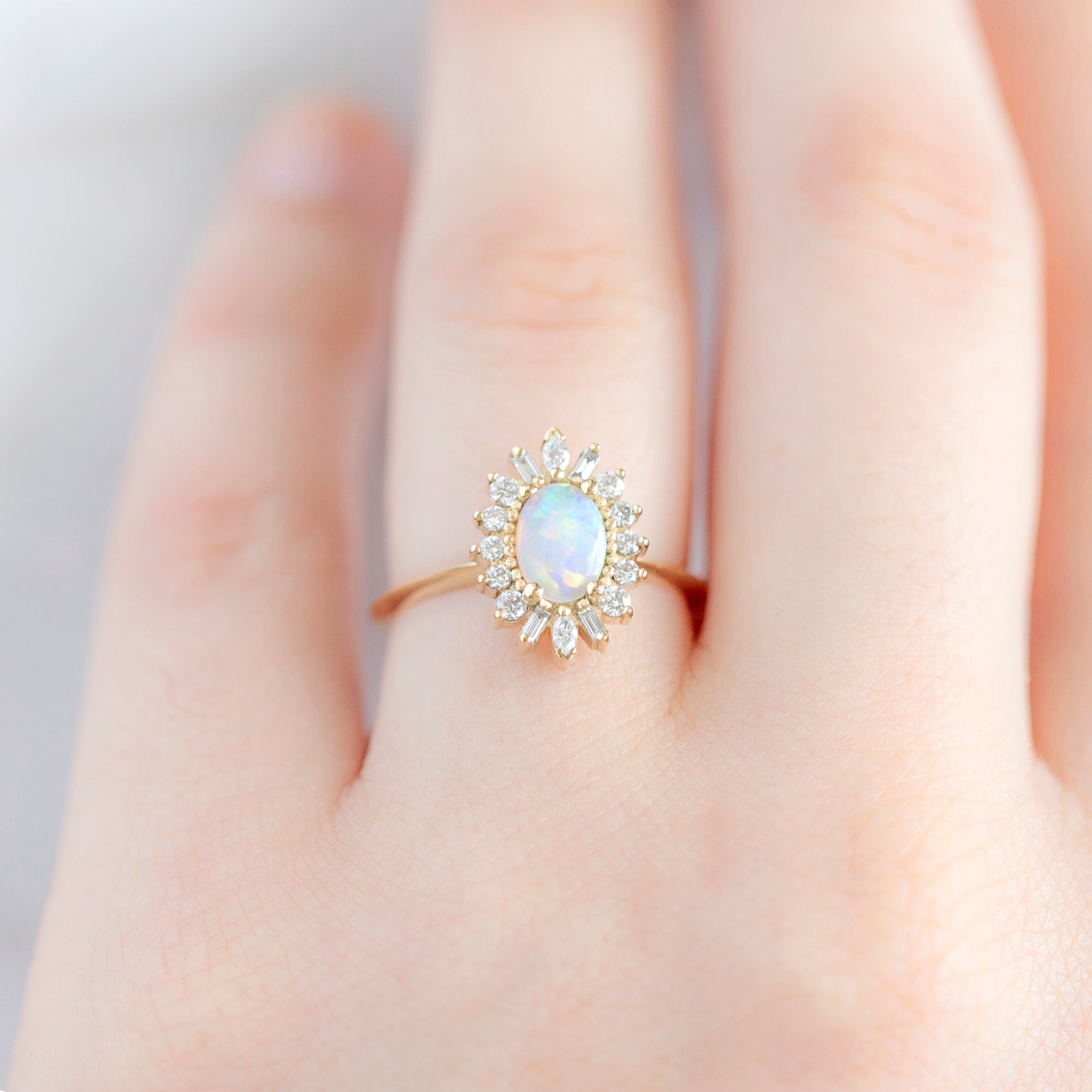 Alexis Russell Engagement Rings The Camellia Ring | 0.38ct Oval Australian Opal in 14K Yellow Gold