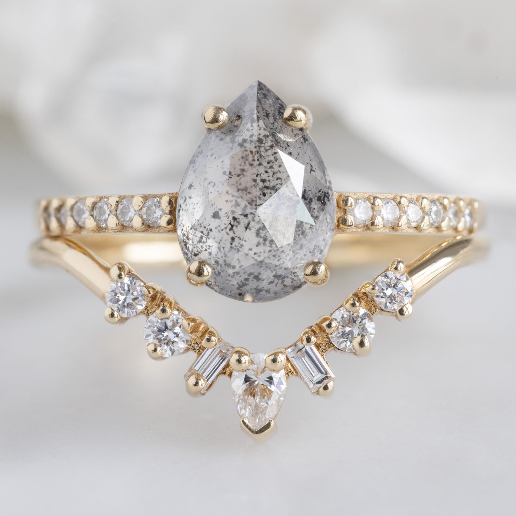 buy:the-willow-ring-1-03ct-pear-grey-diamond-in-14k-yellow-gold,geometric-white-diamond-sunburst-stacking-band-14k-or-18k-yellow-gold