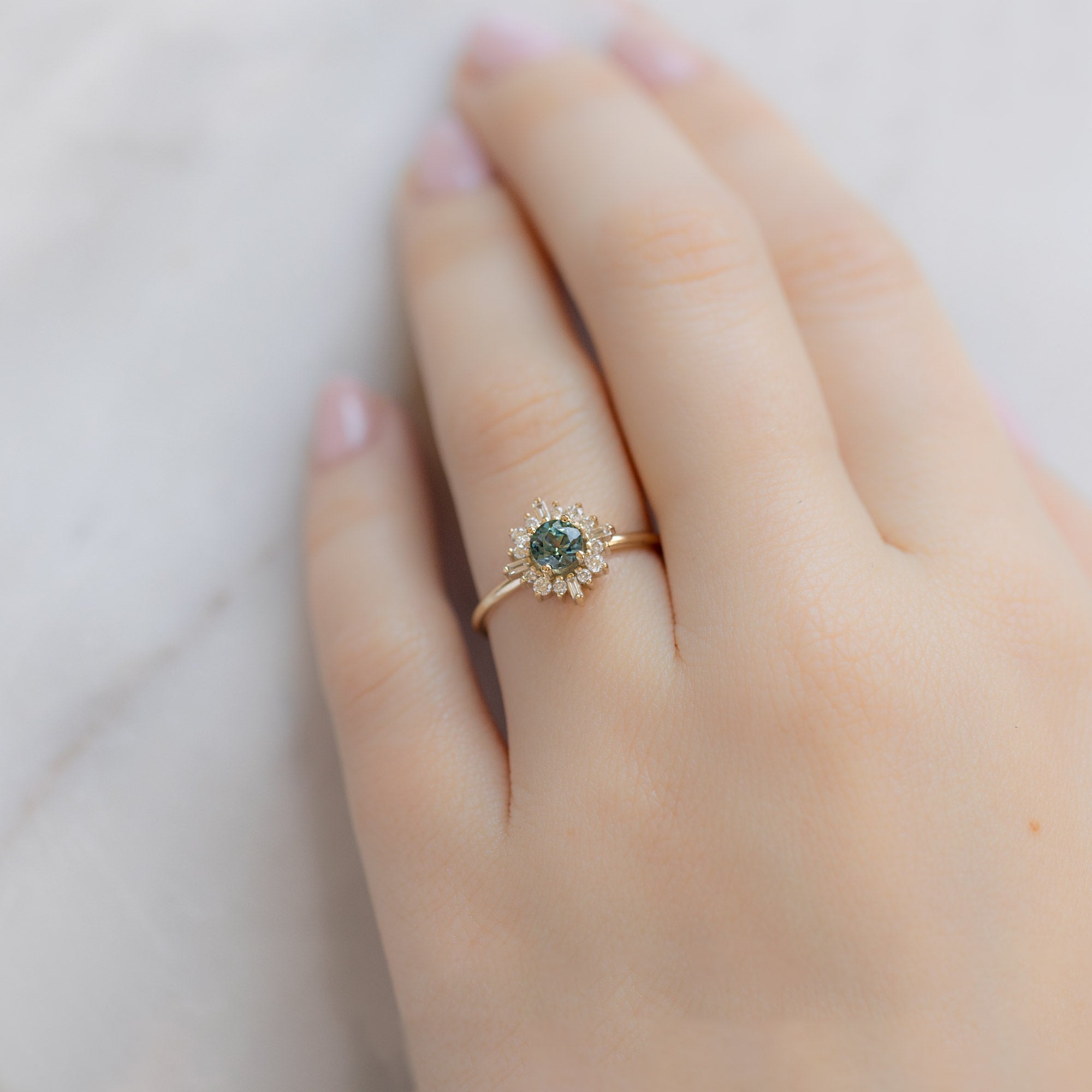 Alexis Russell Engagement Rings The Compass Ring | 0.81ct Round Blue Sapphire in 14K Yellow Gold