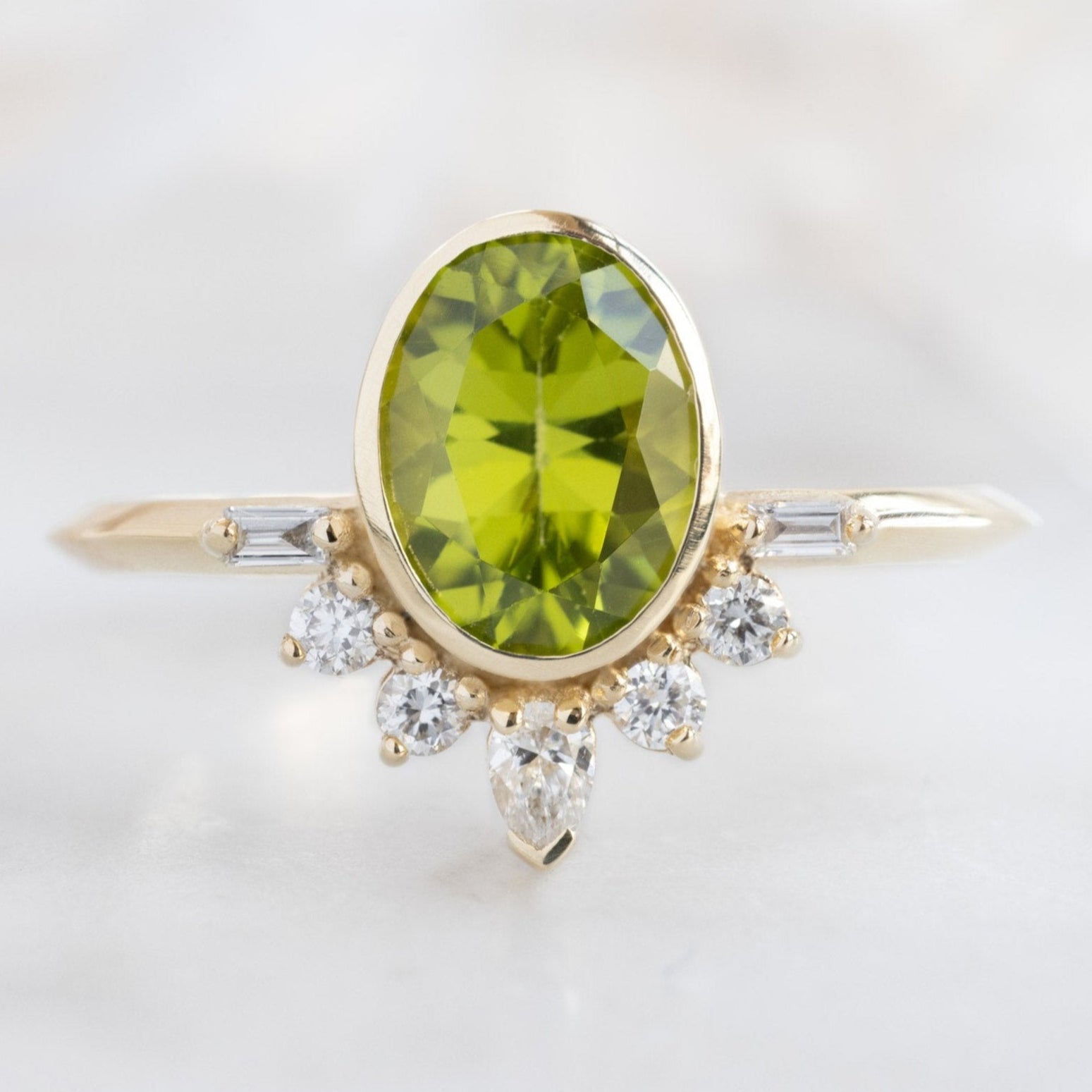 Alexis Russell Engagement Rings The Posy Ring | 1.36ct Oval Peridot in 14K Yellow Gold