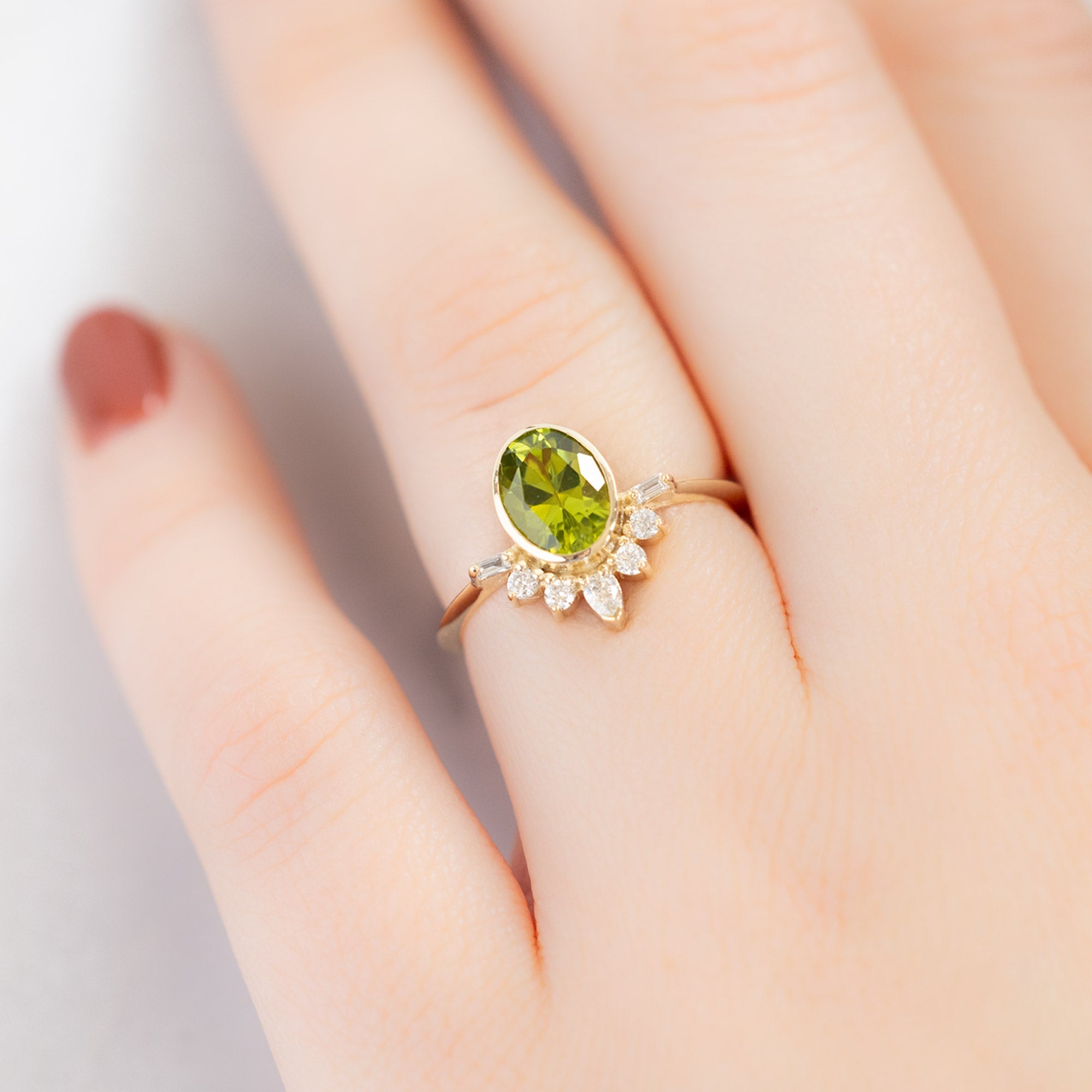 Alexis Russell Engagement Rings The Posy Ring | 1.36ct Oval Peridot in 14K Yellow Gold