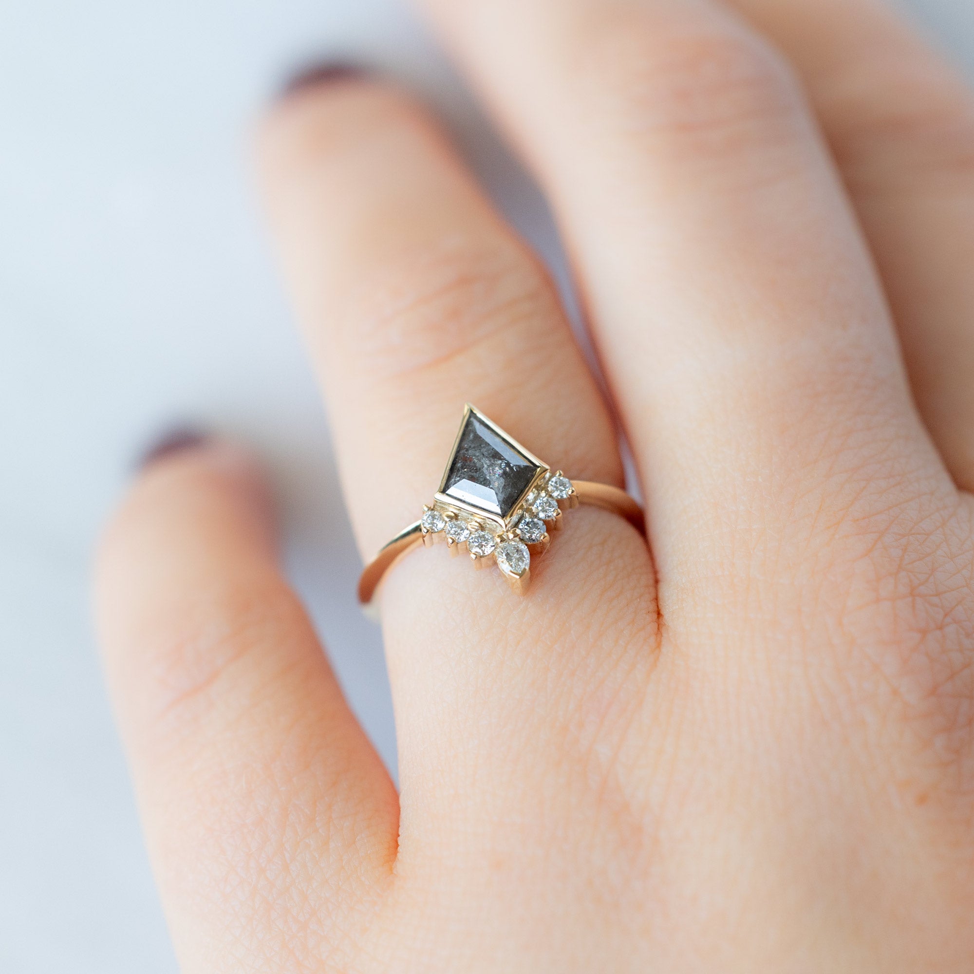 Alexis Russell Engagement Rings The Aster Ring | 0.83ct Kite Salt and Pepper Diamond in 14K Yellow Gold