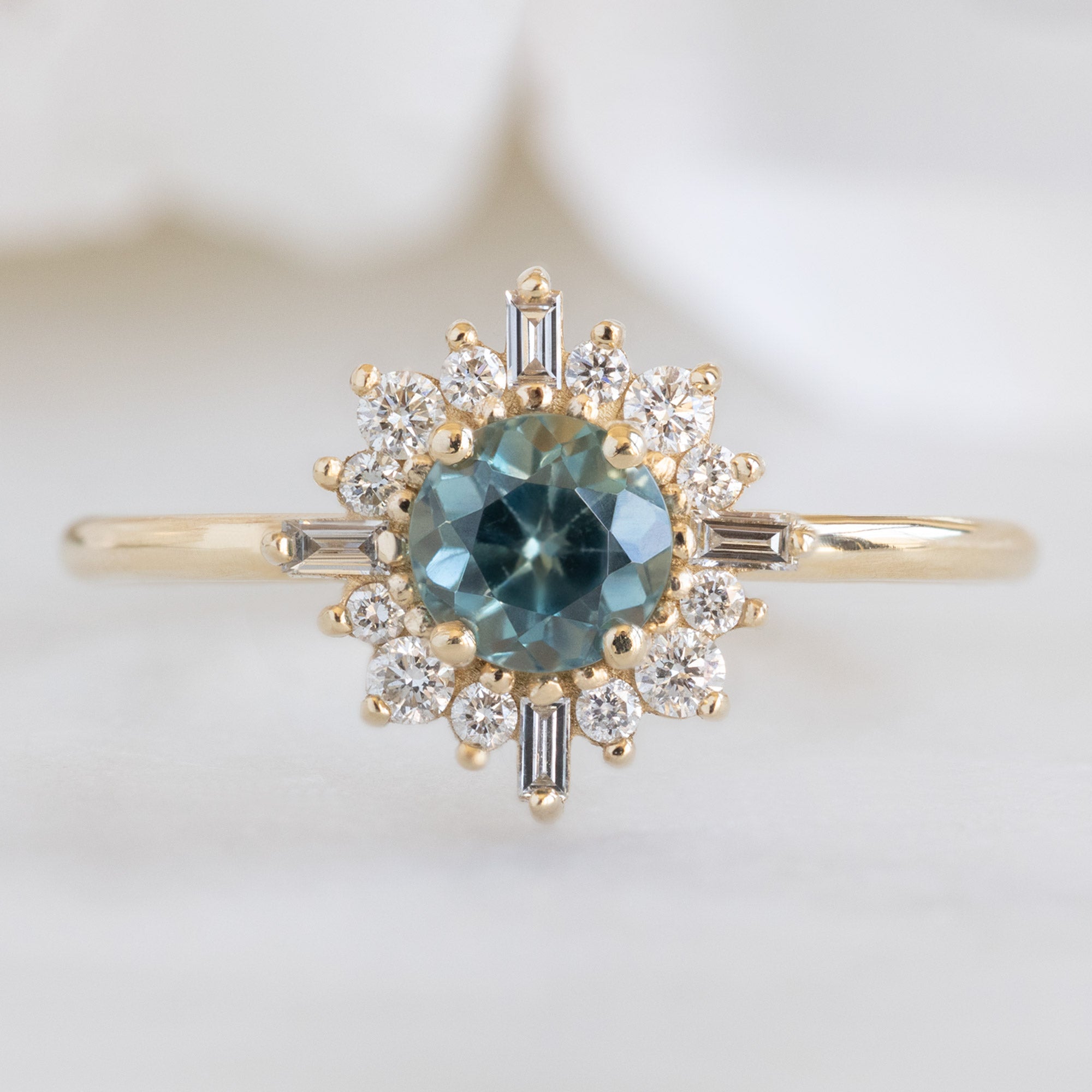 Alexis Russell Engagement Rings The Compass Ring | 0.83ct Round Sapphire in 14K Yellow Gold