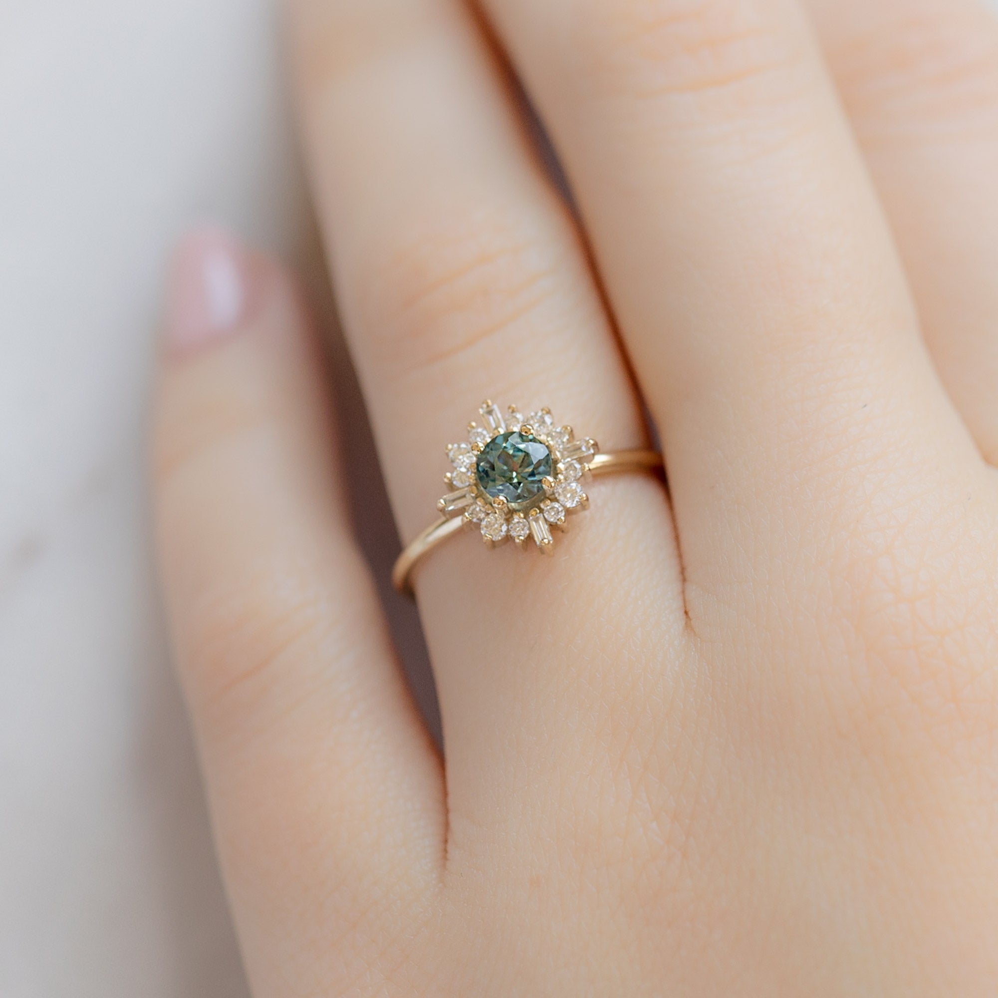 Alexis Russell Engagement Rings The Compass Ring | 0.83ct Round Sapphire in 14K Yellow Gold