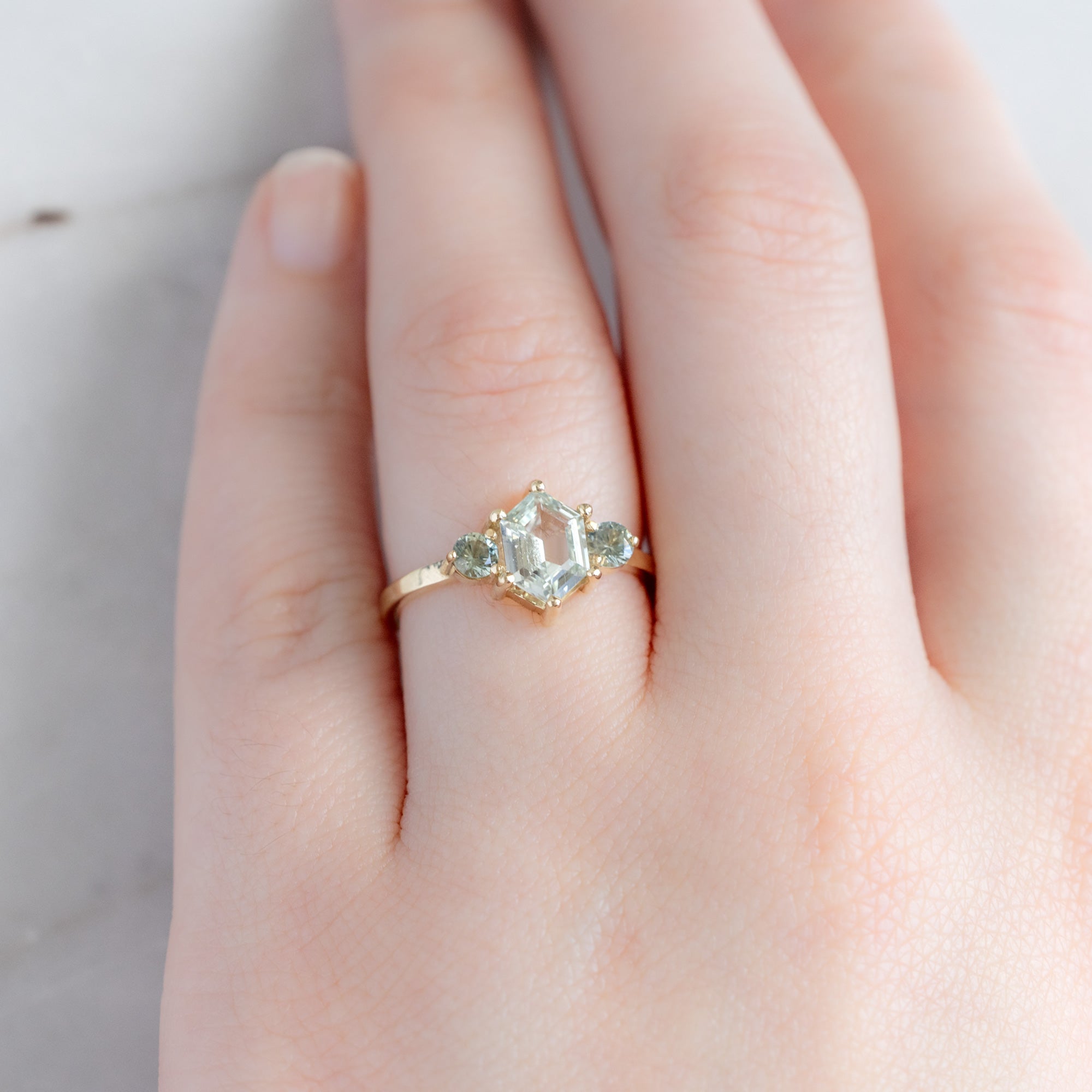 Alexis Russell Engagement Rings The Watercolor Ring | 1.57ct Hexagonal Green Sapphire in 14K Yellow Gold