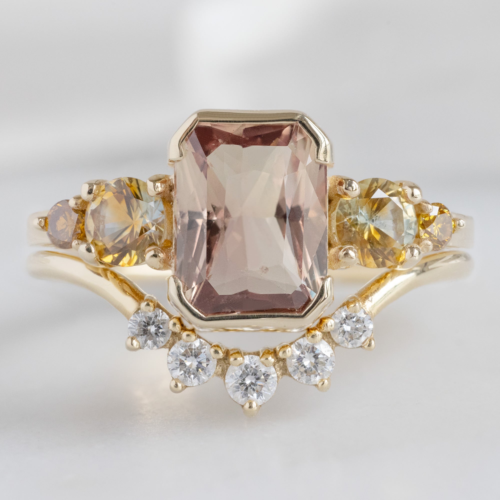 Alexis Russell Engagement Rings The Watercolor Ring | 2.04ct Emerald Cut Peach Sapphire in 14K Yellow Gold