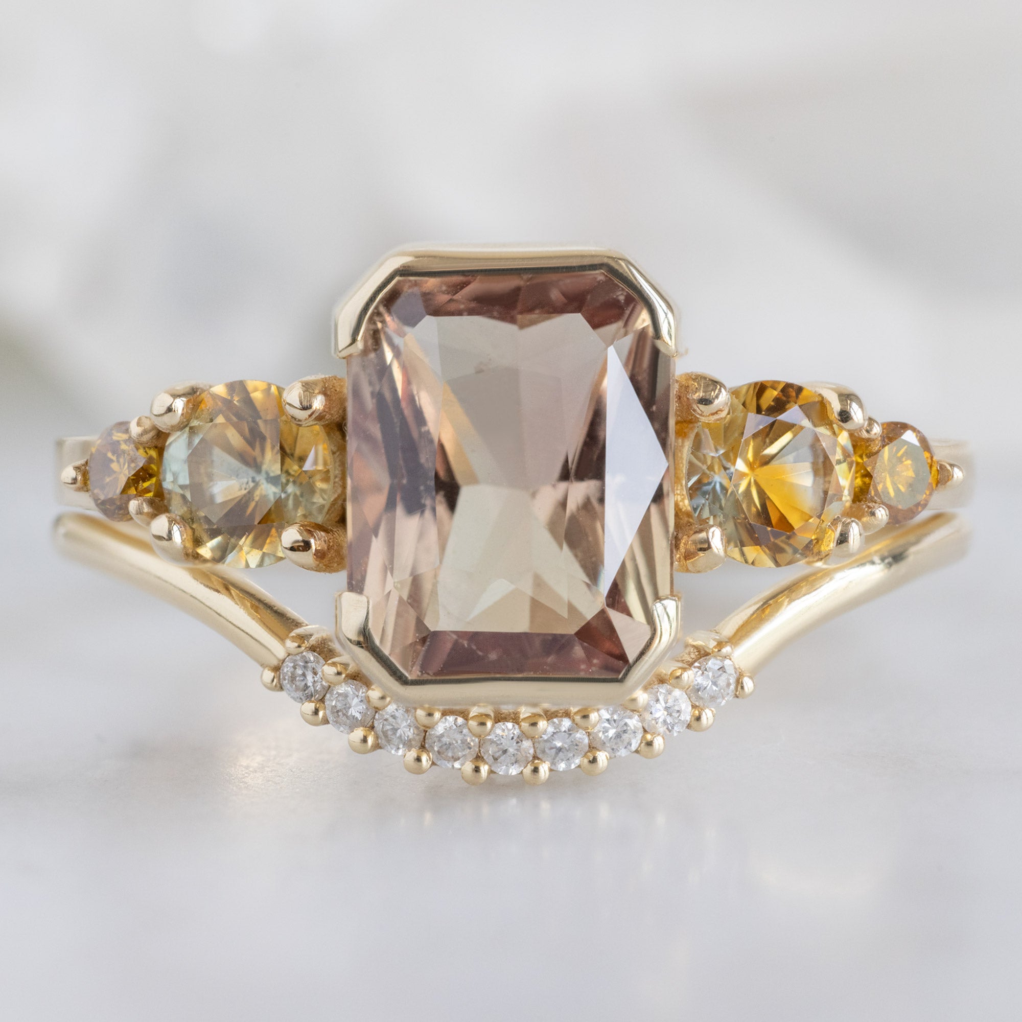Alexis Russell Engagement Rings The Watercolor Ring | 2.04ct Emerald Cut Peach Sapphire in 14K Yellow Gold