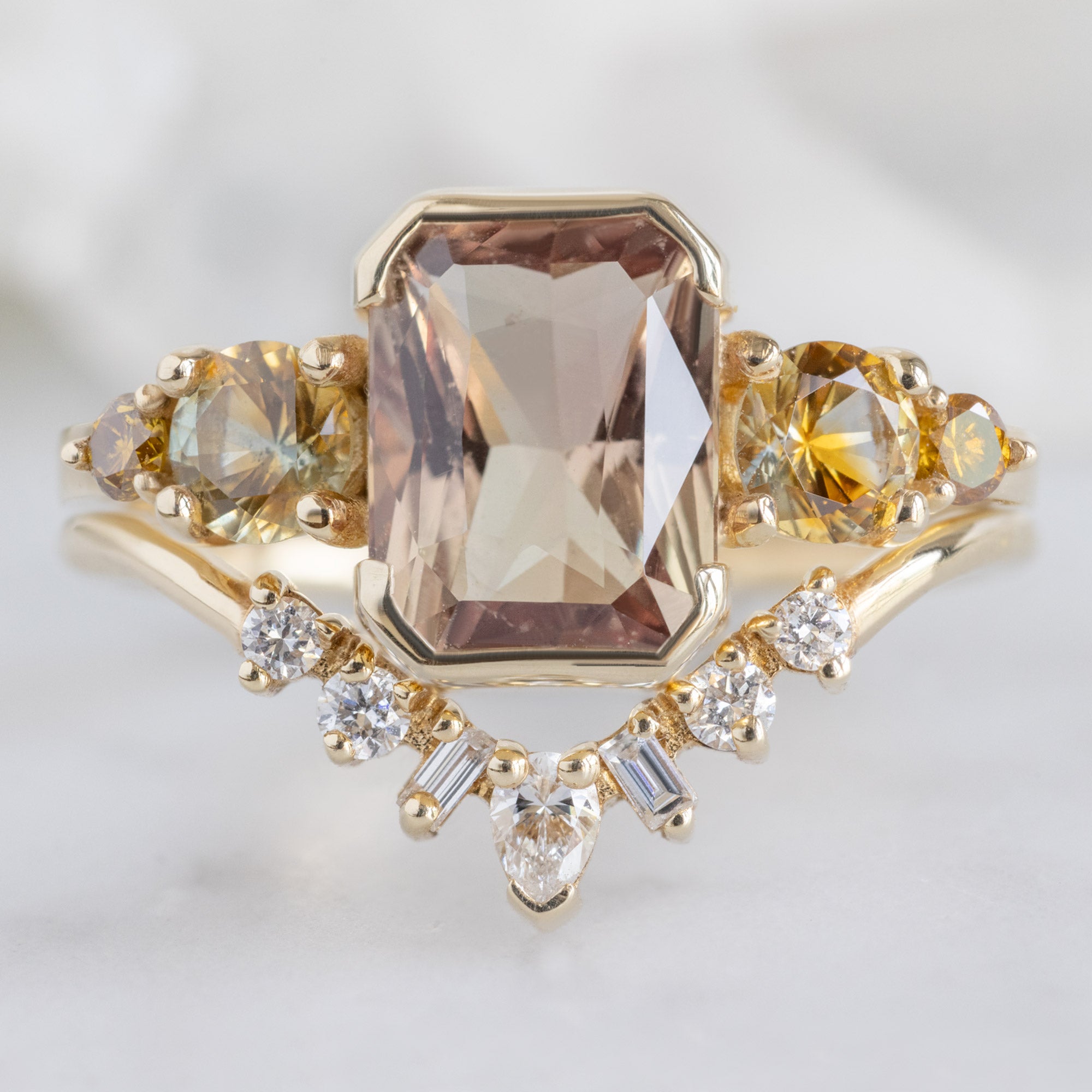 Alexis Russell Engagement Rings The Watercolor Ring | 2.04ct Emerald Cut Peach Sapphire in 14K Yellow Gold