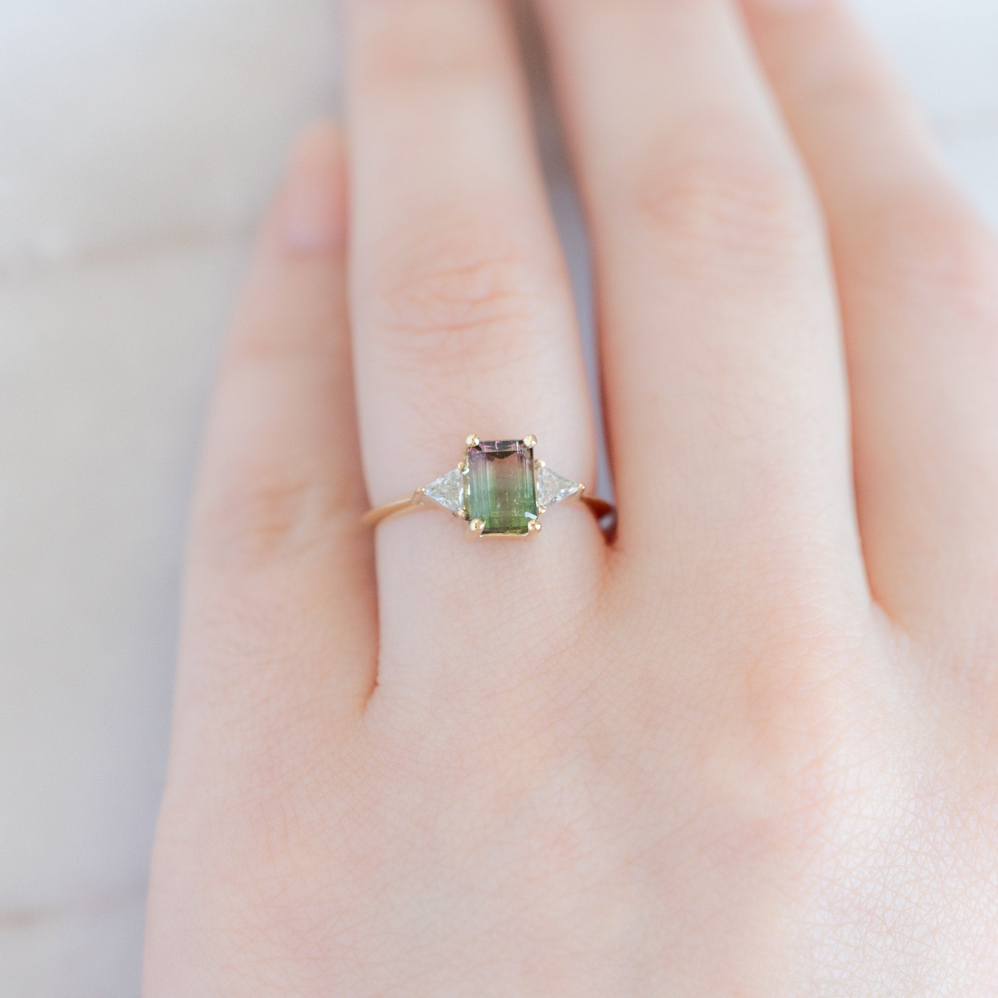 Alexis Russell Engagement Rings The Jade Ring | 1.11ct Emerald Cut Watermelon Tourmaline in 14K Yellow Gold