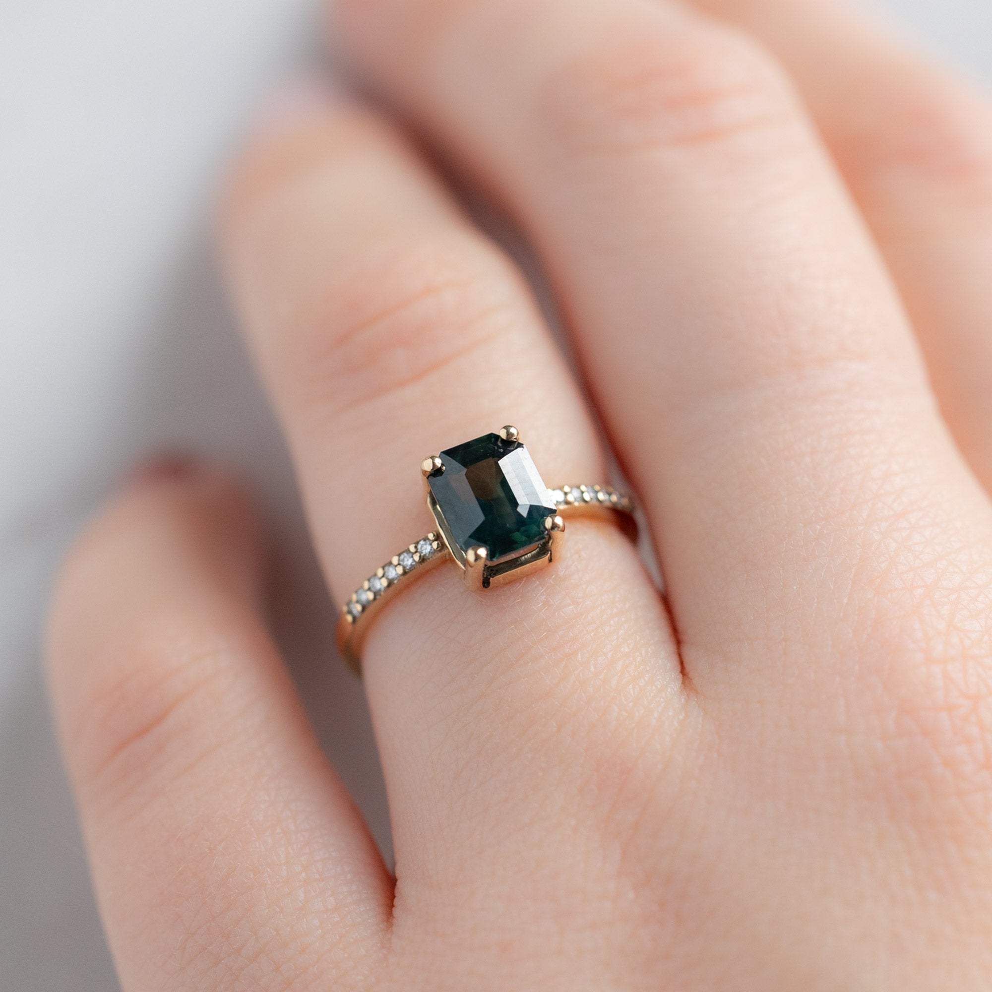 Alexis Russell Engagement Rings The Willow Ring | 2.00ct Emerald Cut Teal Sapphire in 14K Yellow Gold