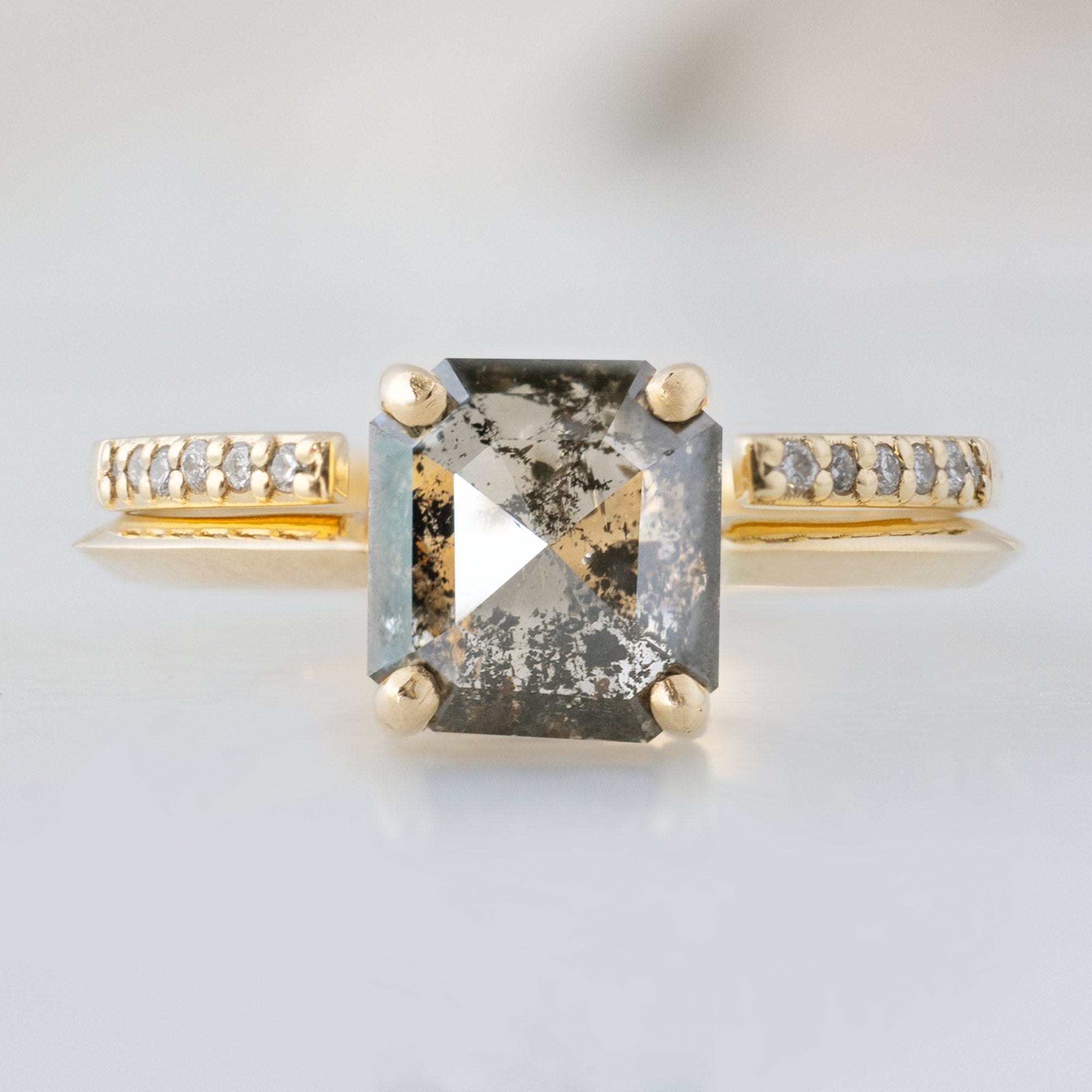 Alexis Russell Engagement Rings The Bryn Ring | 1.64ct Emerald Cut Salt and Pepper Diamond in 14K Yellow Gold