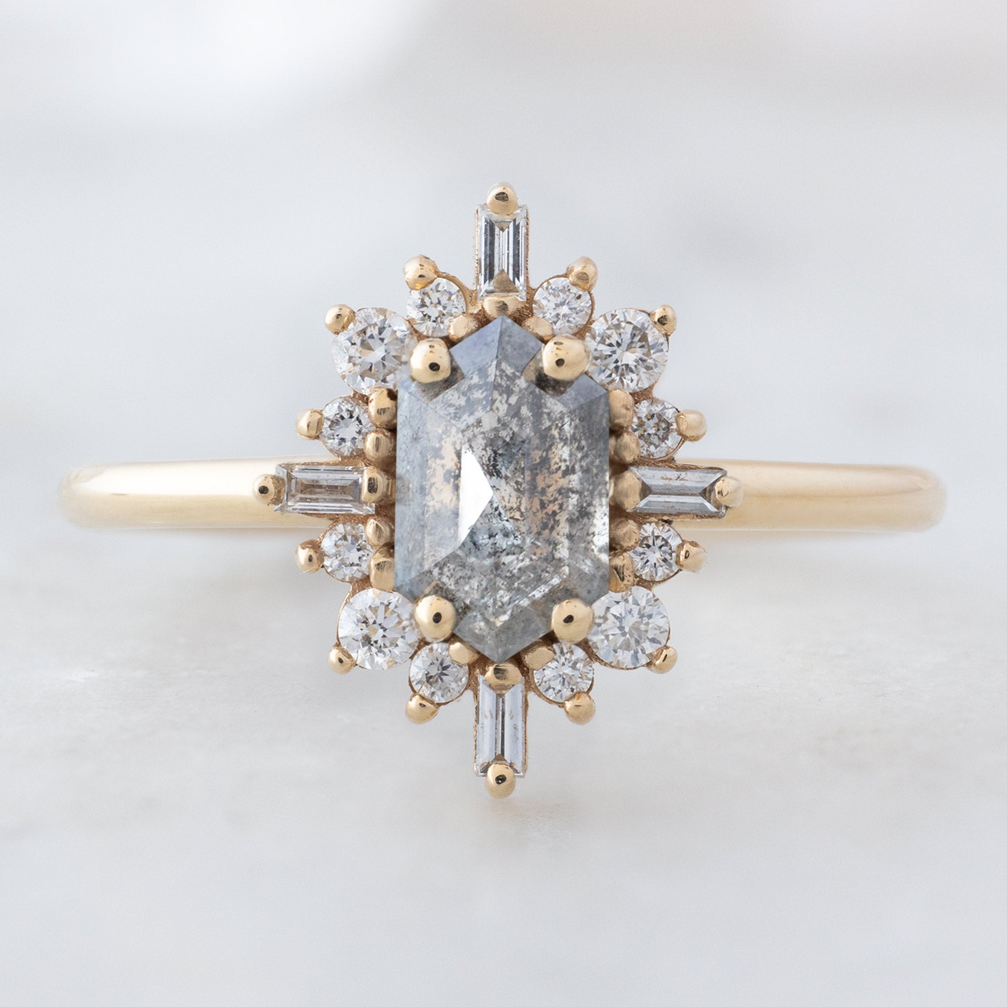 Alexis Russell Engagement Rings The Compass Ring | 0.81ct Hexagonal Salt and Pepper Diamond 14K Yellow Gold
