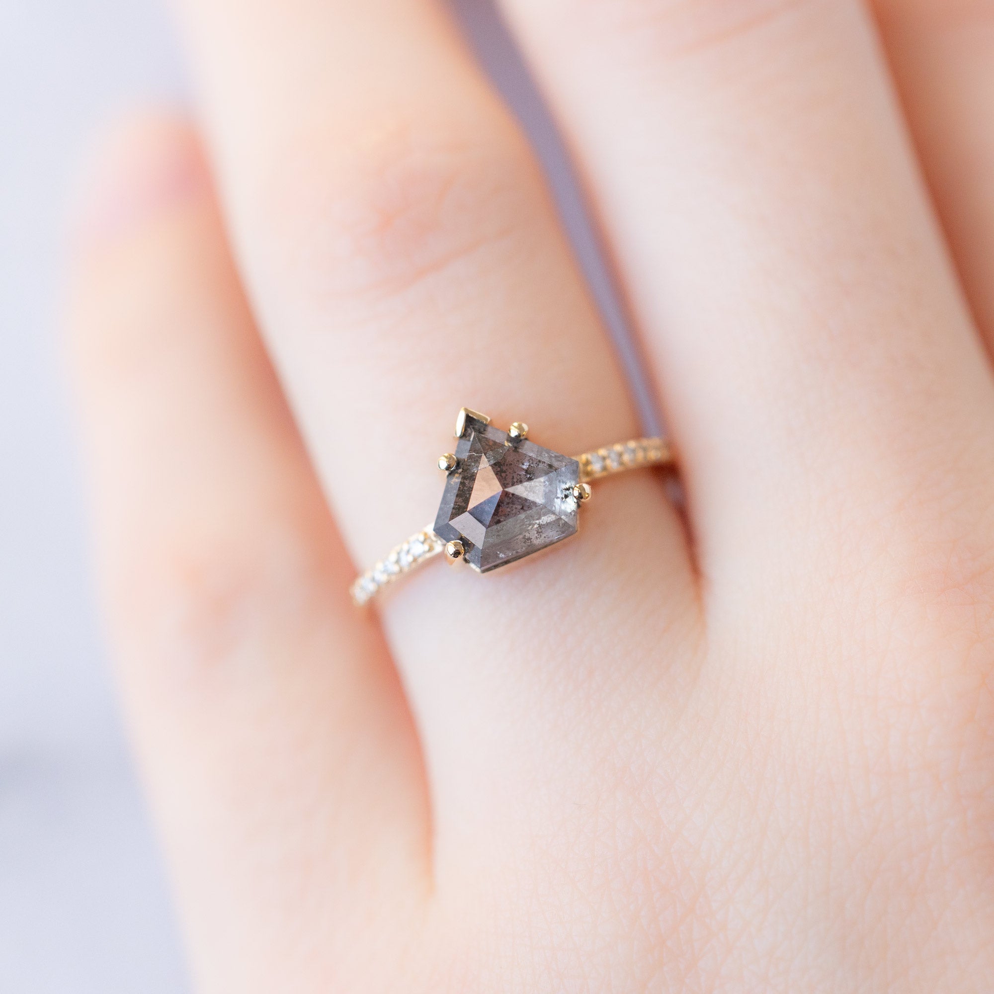 Alexis Russell Engagement Rings The Willow Ring | 2.19ct Shield Salt and Pepper Diamond in 14K Yellow Gold