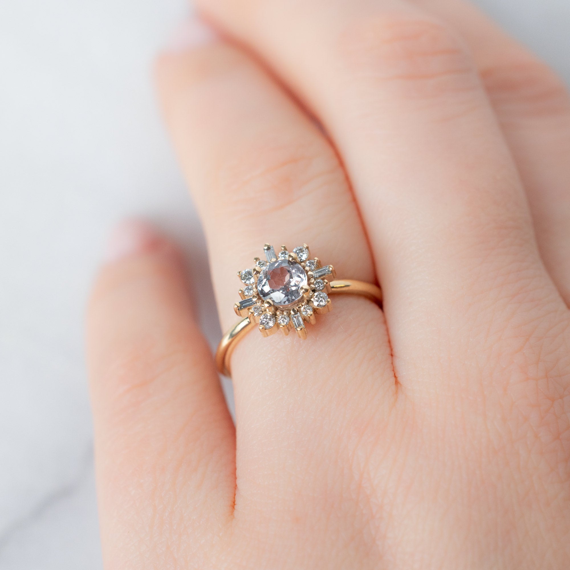 Alexis Russell  Engagement Rings The Compass Ring | 0.77ct Round Lavender Sapphire in 14K Yellow Gold