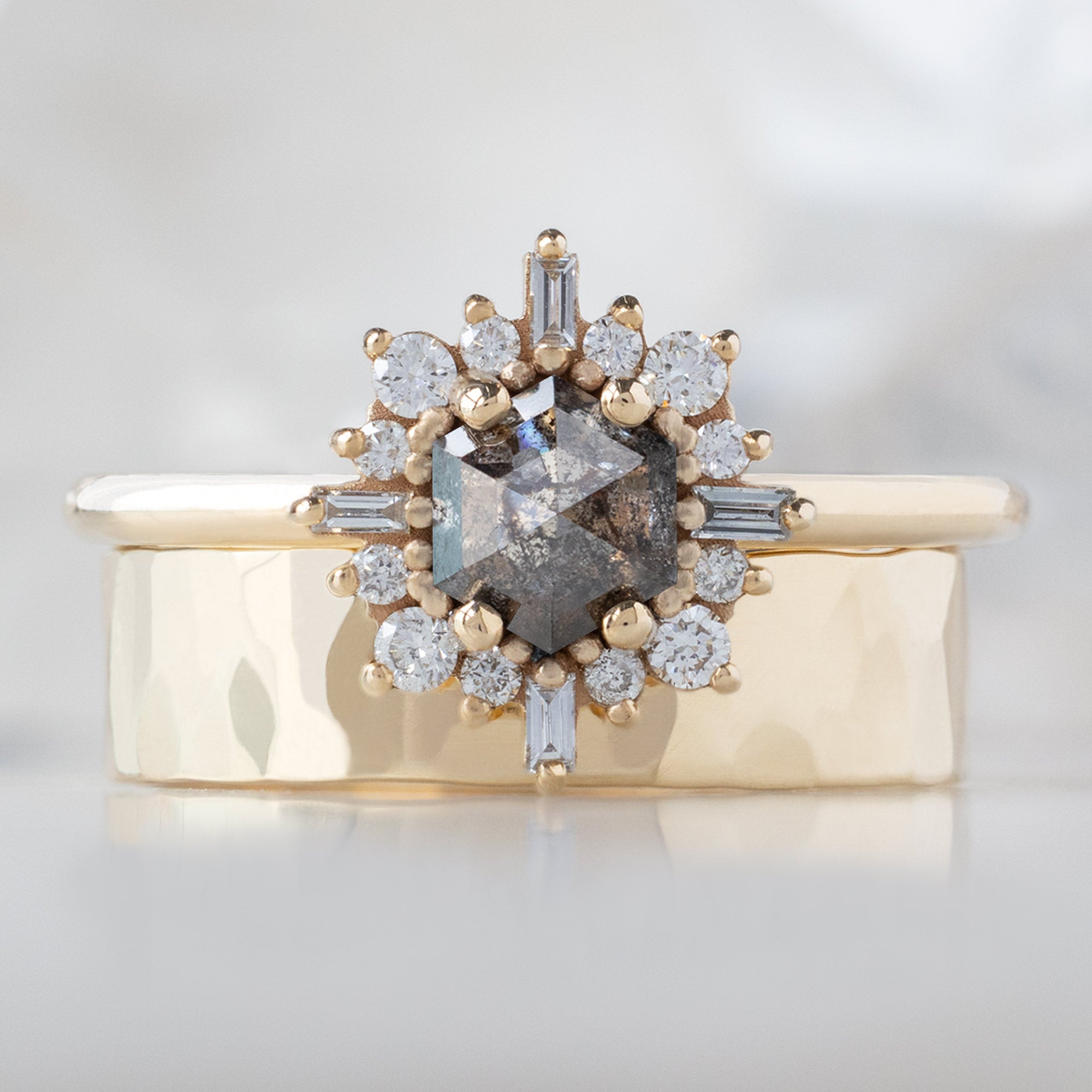 Alexis Russell  Engagement Rings The Compass Ring | 0.65ct Hexagon Salt and Pepper Diamond in 14K Yellow Gold