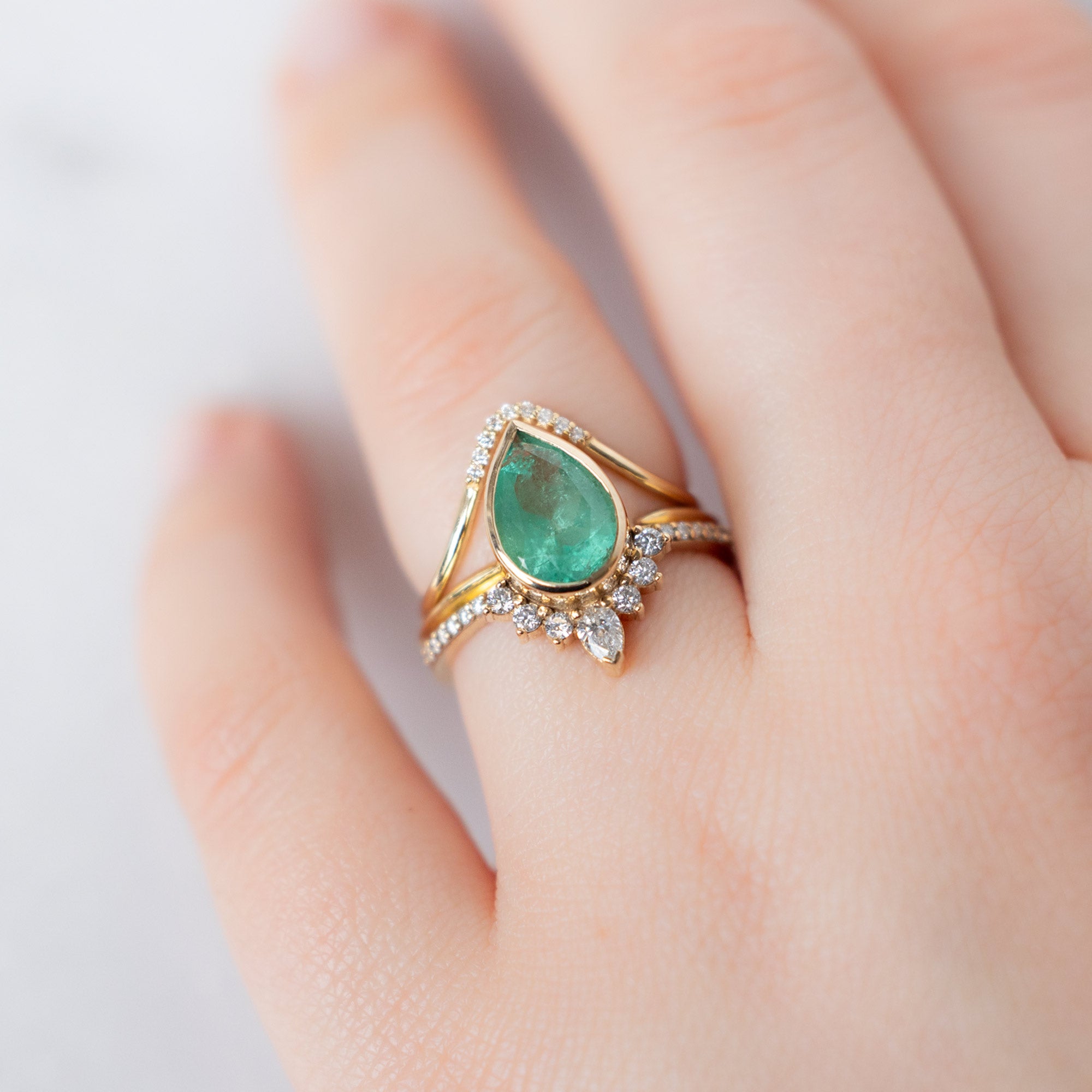 buy:white-diamond-pave-peak-stacking-band-14k-or-18k-yellow-gold,gold-open-cuff-knife-edge-stacking-band-14k-yellow-gold,the-aster-ring-2-12ct-pear-emerald-in-14k-yellow-gold