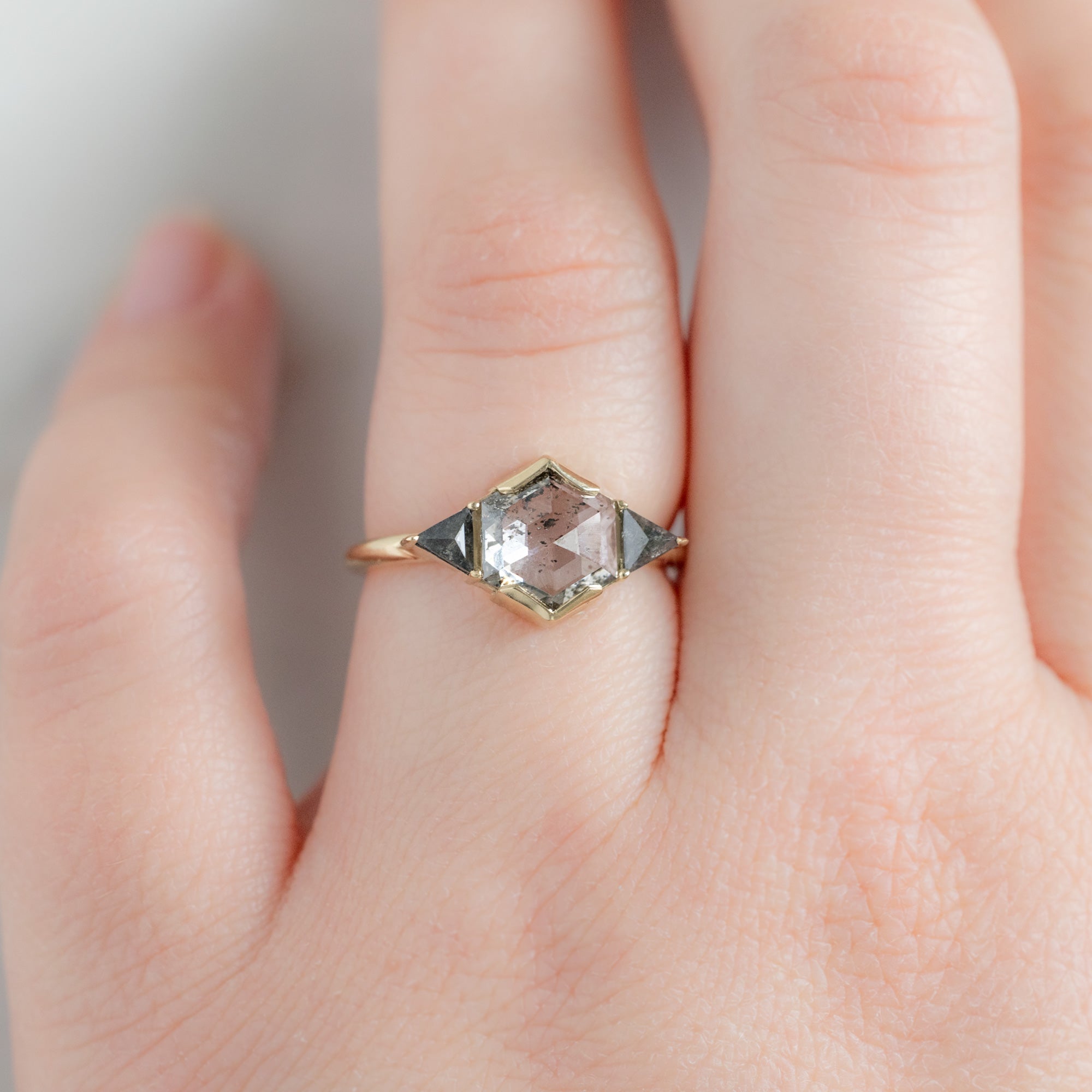 Alexis Russell  Engagement Rings The Jade Ring | 1.72ct Hexagon Lab Grown Salt and Pepper Diamond in 14K Yellow Gold