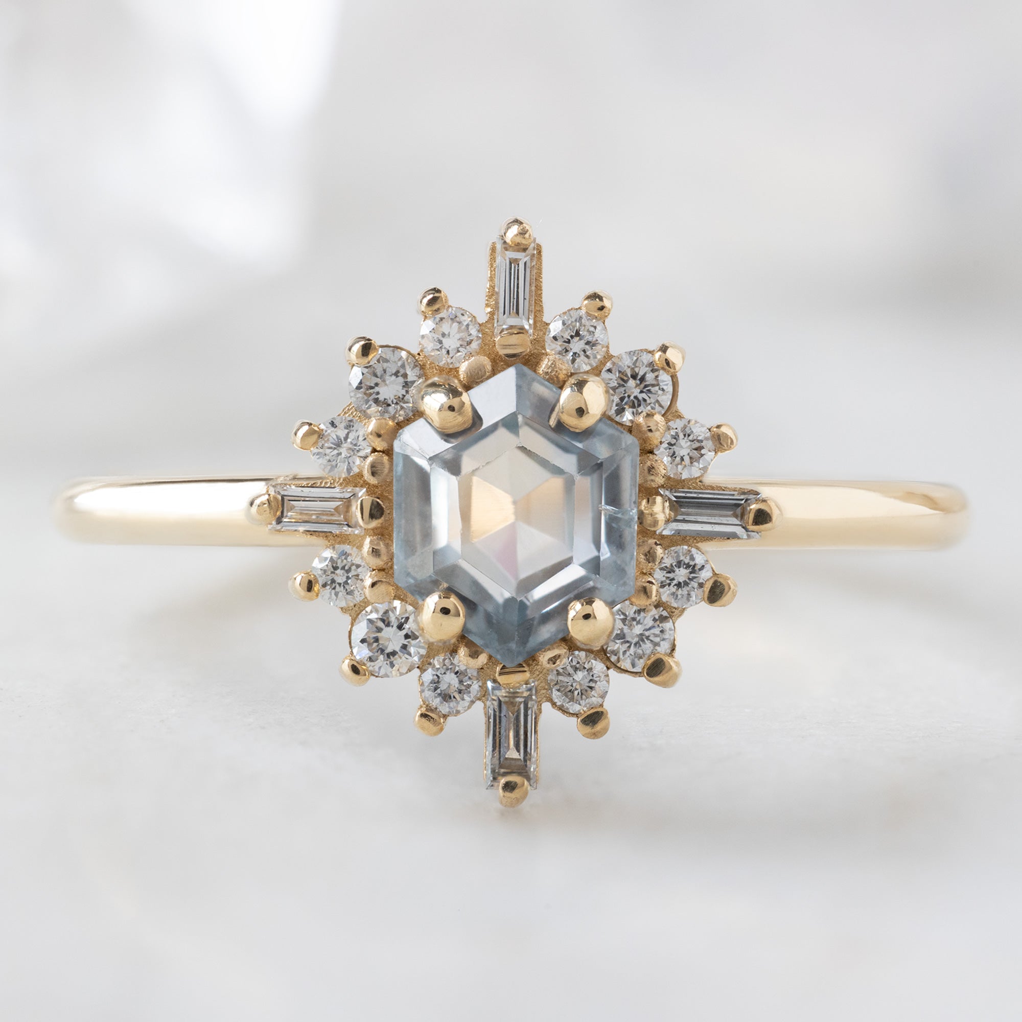 Alexis Russell  Engagement Rings The Compass Ring | 0.75ct Hexagon Grey Sapphire in 14K Yellow Gold