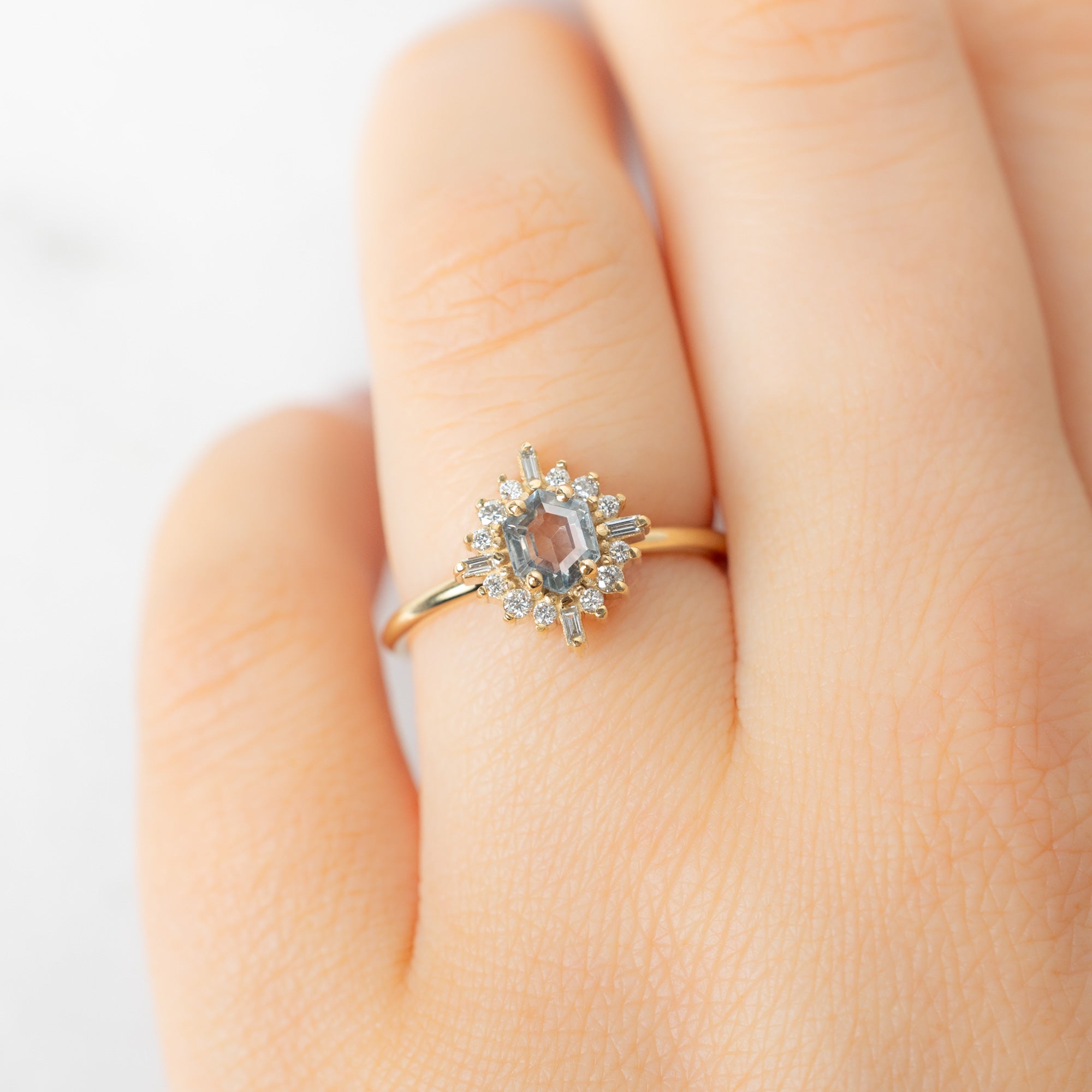 Alexis Russell  Engagement Rings The Compass Ring | 0.75ct Hexagon Grey Sapphire in 14K Yellow Gold