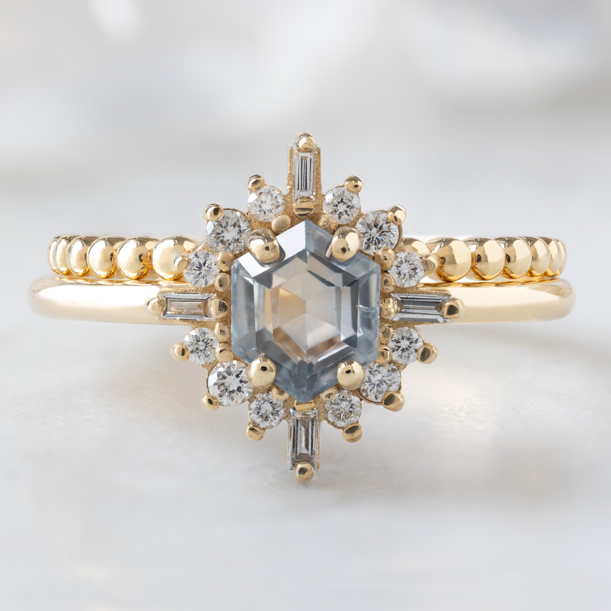 Alexis Russell  Engagement Rings The Compass Ring | 0.75ct Hexagon Grey Sapphire in 14K Yellow Gold