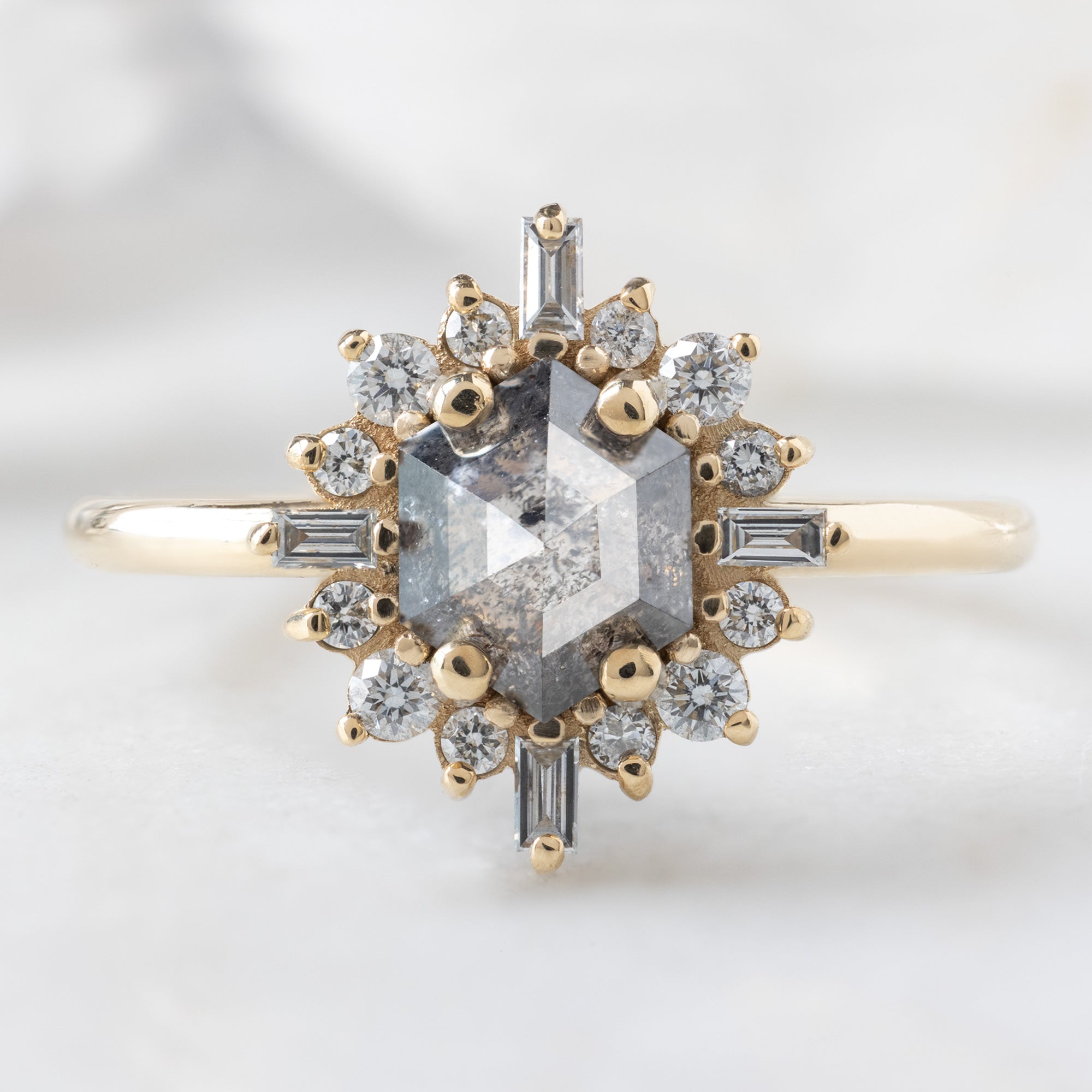 Alexis Russell  Engagement Rings The Compass Ring | 0.86ct Hexagon Salt and Pepper Diamond in 14K Yellow Gold