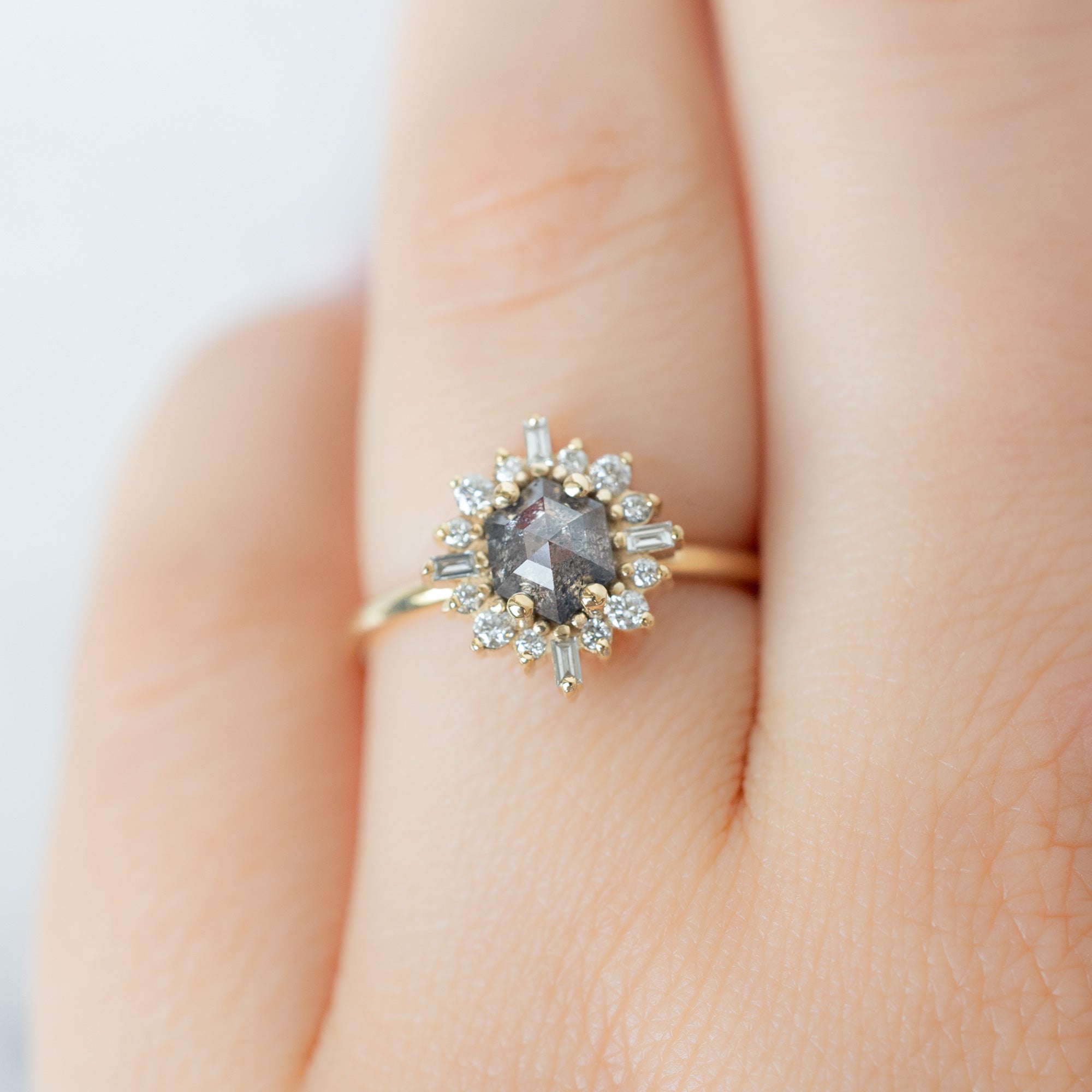 Alexis Russell  Engagement Rings The Compass Ring | 0.86ct Hexagon Salt and Pepper Diamond in 14K Yellow Gold