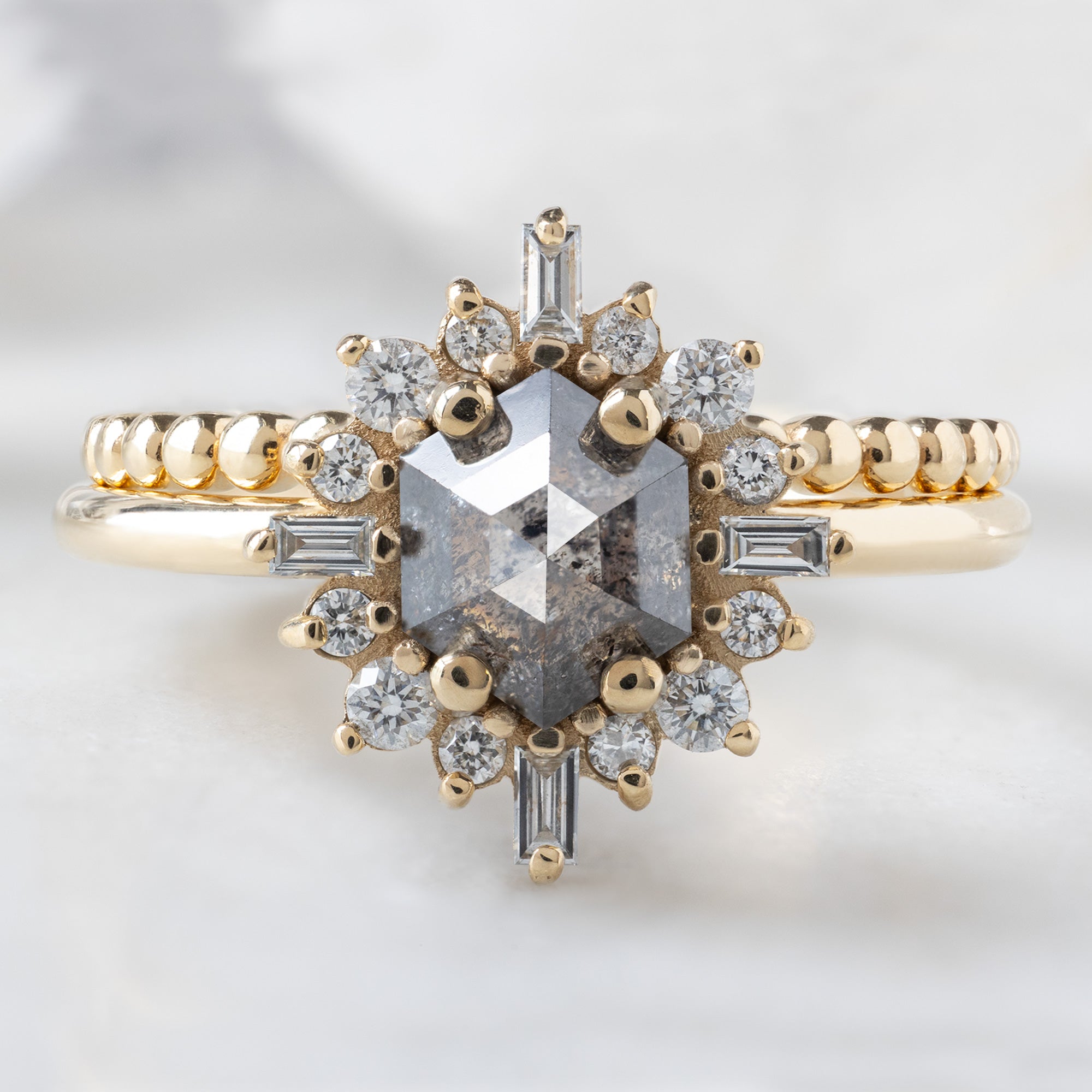 Alexis Russell  Engagement Rings The Compass Ring | 0.86ct Hexagon Salt and Pepper Diamond in 14K Yellow Gold