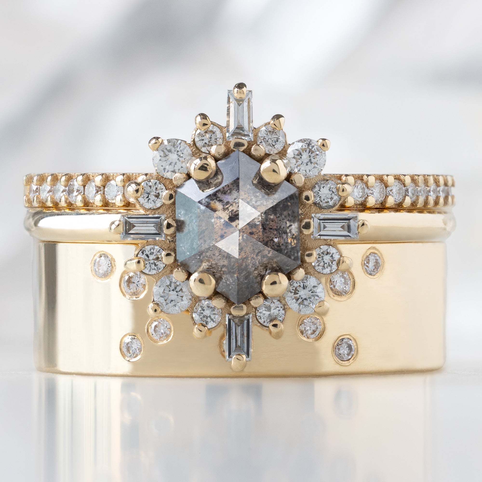Alexis Russell  Engagement Rings The Compass Ring | 0.86ct Hexagon Salt and Pepper Diamond in 14K Yellow Gold