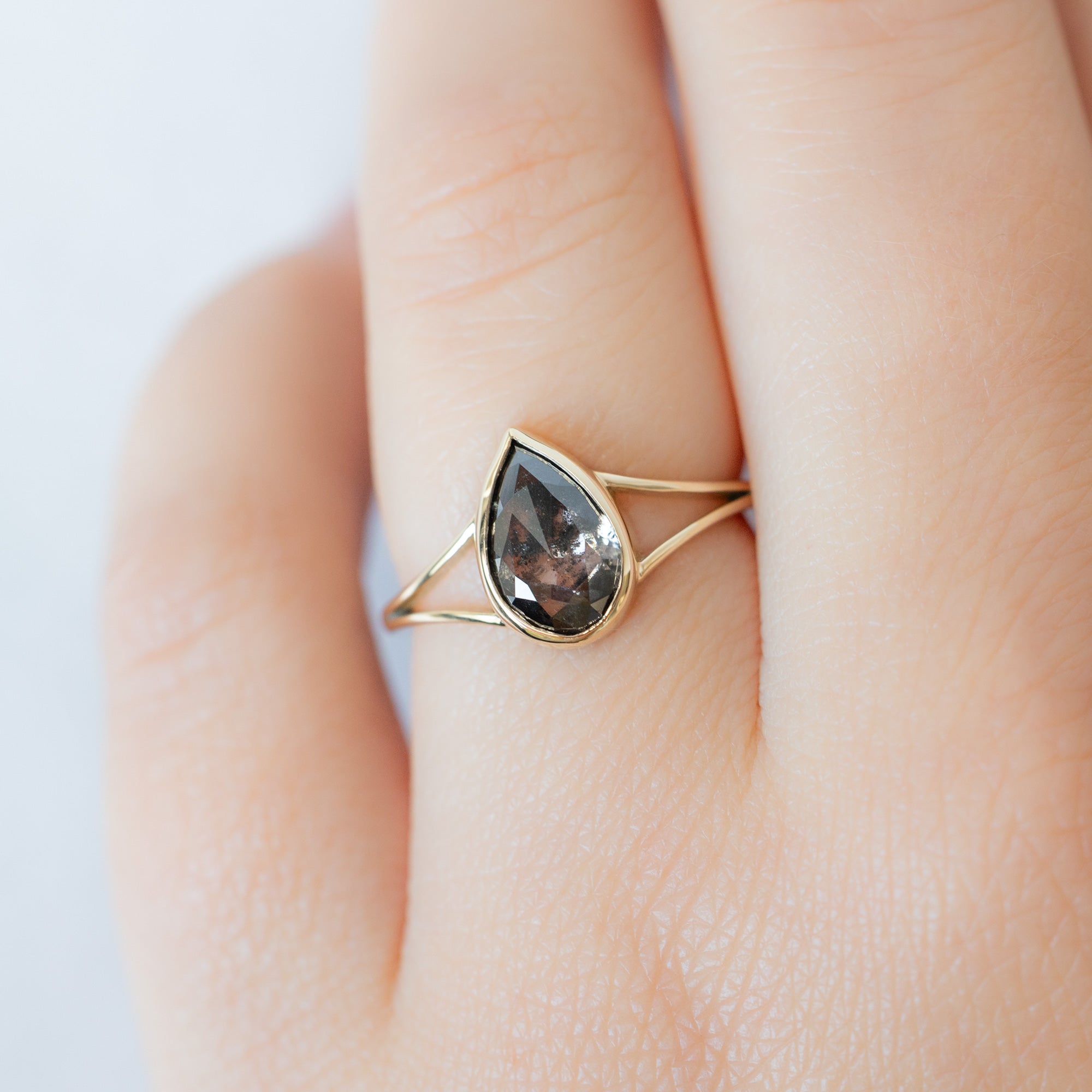 Alexis Russell Engagement Rings The Magnolia Ring | 1.44ct Lab Grown Salt and Pepper Pear Diamond in 14K Yellow Gold