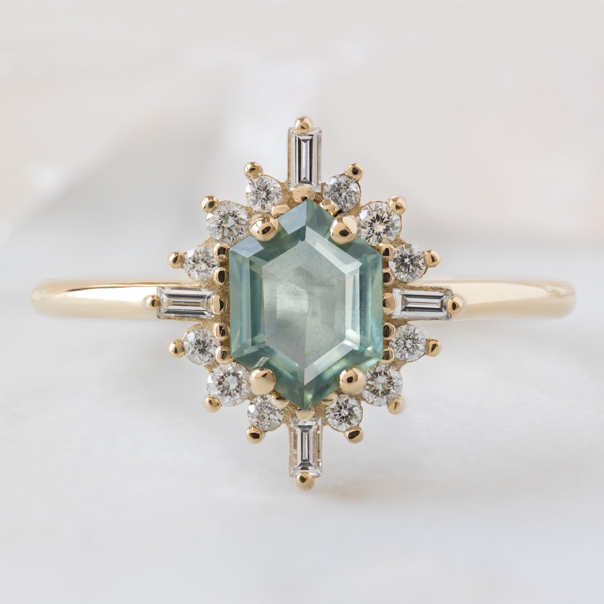 Alexis Russell  Engagement Rings The Compass Ring | 0.77ct Hexagon Montana Sapphire in 14K Yellow Gold