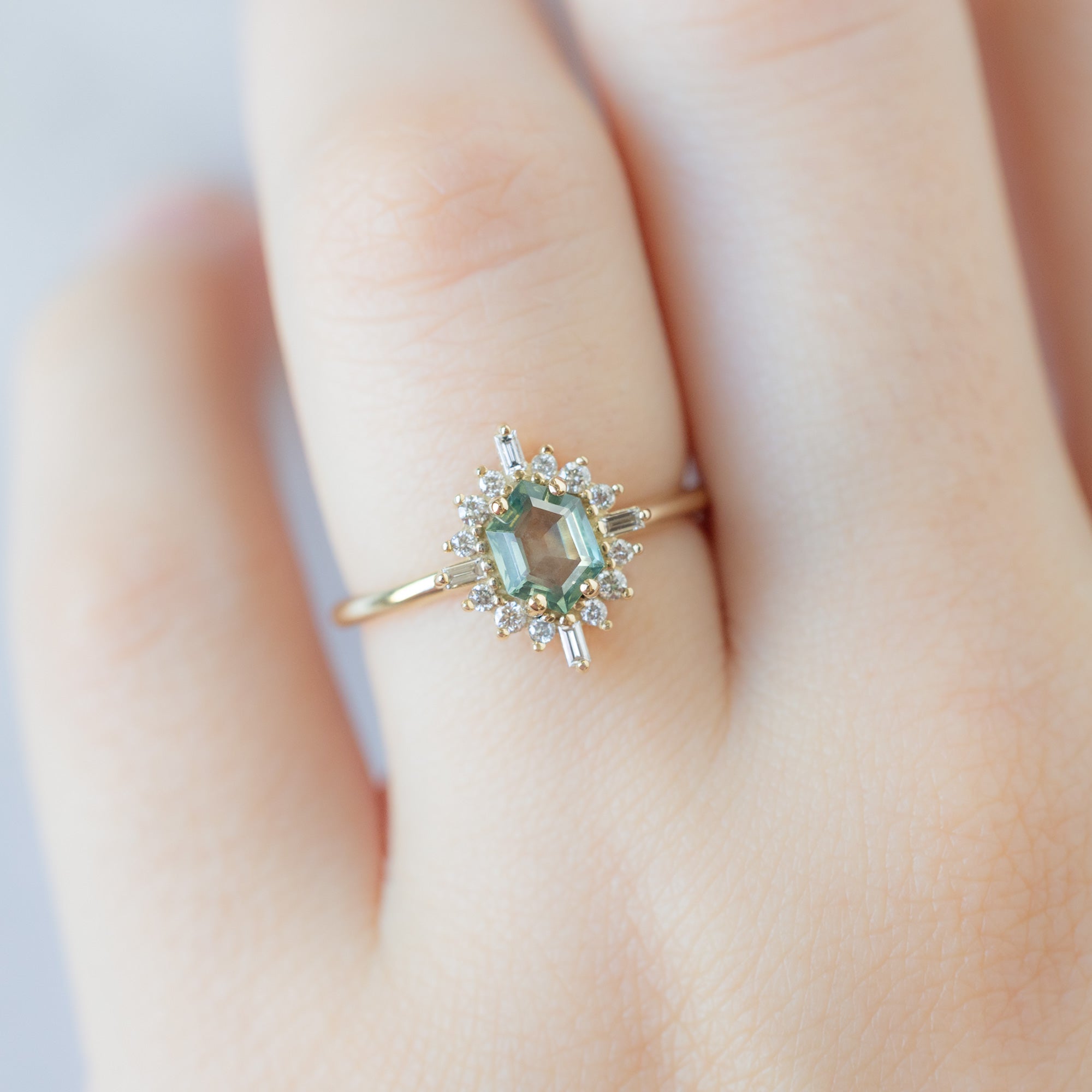 Alexis Russell  Engagement Rings The Compass Ring | 0.77ct Hexagon Montana Sapphire in 14K Yellow Gold