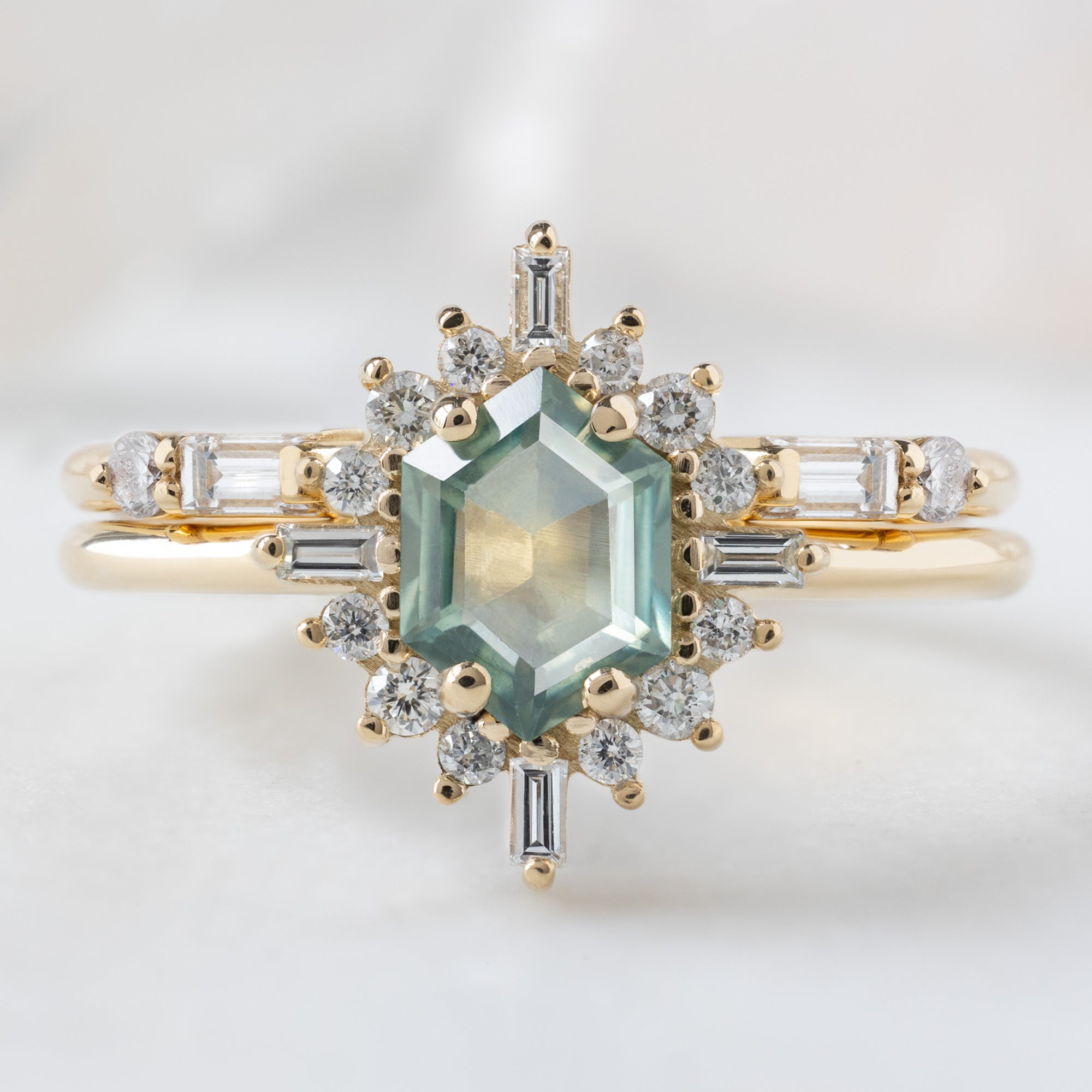 Alexis Russell  Engagement Rings The Compass Ring | 0.77ct Hexagon Montana Sapphire in 14K Yellow Gold