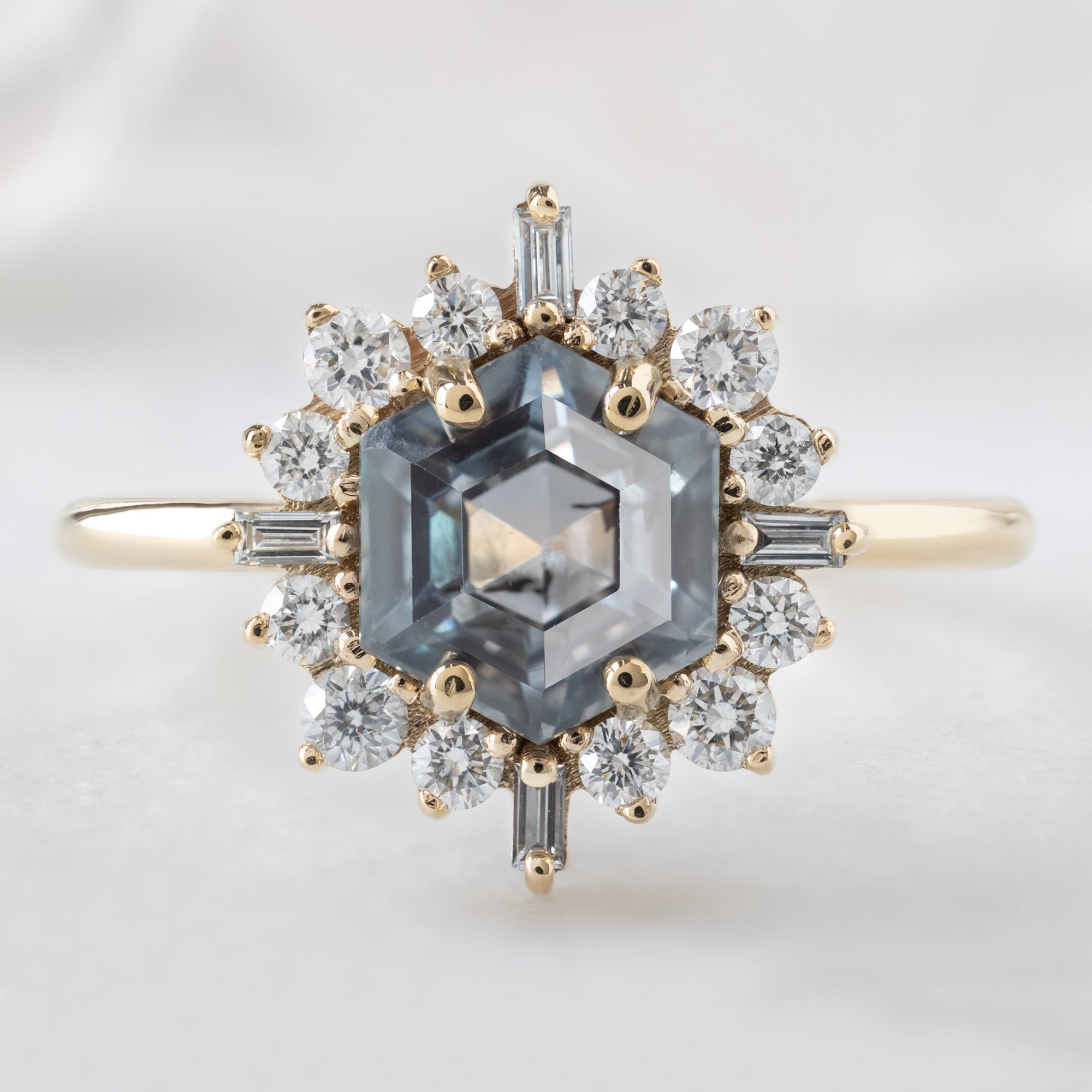 Alexis Russell  Engagement Rings The Compass Ring | 1.67ct Hexagon Grey Sapphire in 14K Yellow Gold