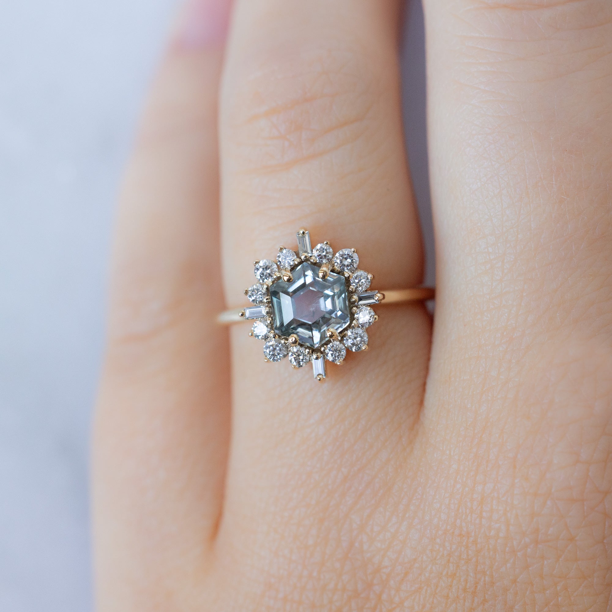 Alexis Russell  Engagement Rings The Compass Ring | 1.67ct Hexagon Grey Sapphire in 14K Yellow Gold