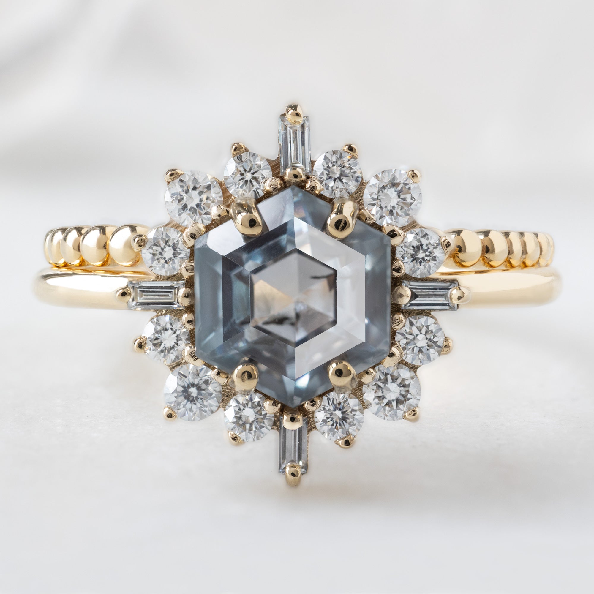 Alexis Russell  Engagement Rings The Compass Ring | 1.67ct Hexagon Grey Sapphire in 14K Yellow Gold