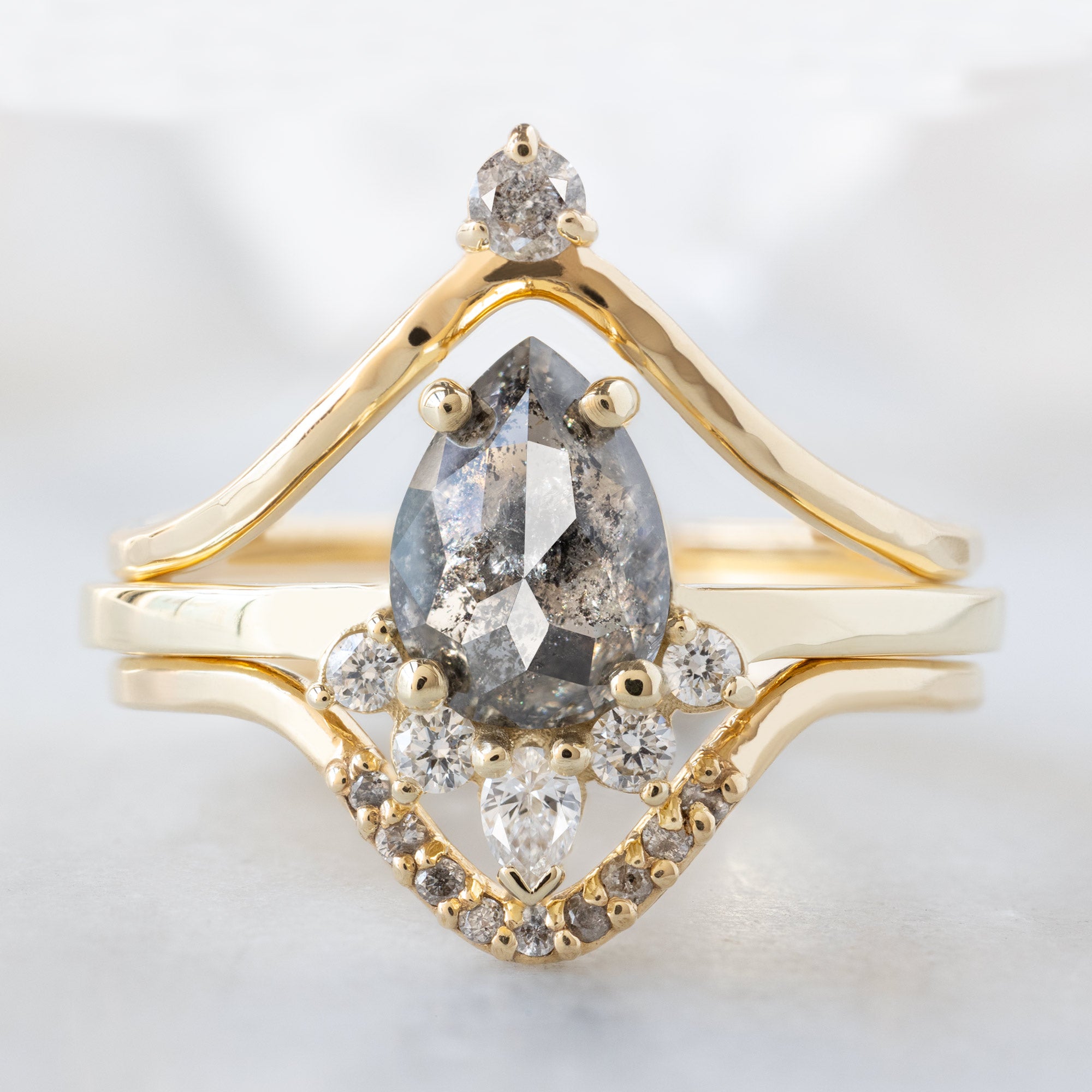 buy:salt-and-pepper-diamond-crown-stacking-band-14k-or-18k-yellow-gold,the-aster-ring-90ct-pear-salt-and-pepper-diamond-in-14k-yellow-gold,salt-and-pepper-diamond-pave-peak-stacking-band-14k-or-18k-yellow-gold