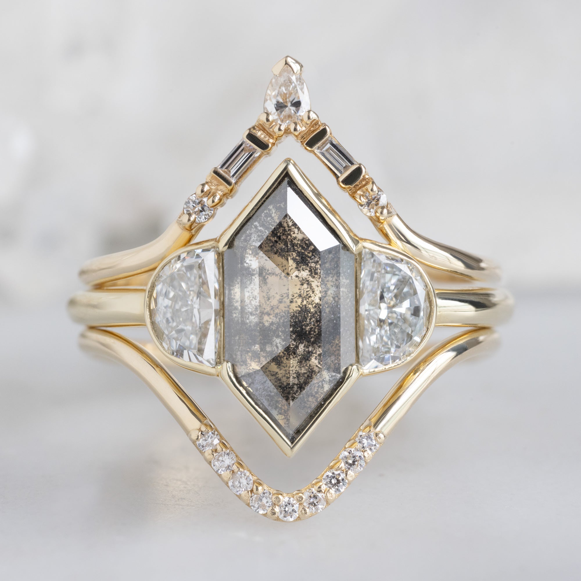 buy:white-diamond-tiara-stacking-band-14k-or-18k-yellow-gold,the-luxe-jade-ring-1-54ct-lab-grown-hexagon-salt-and-pepper-diamond-in-14k-yellow-gold,white-diamond-pave-peak-stacking-band-14k-or-18k-yellow-gold