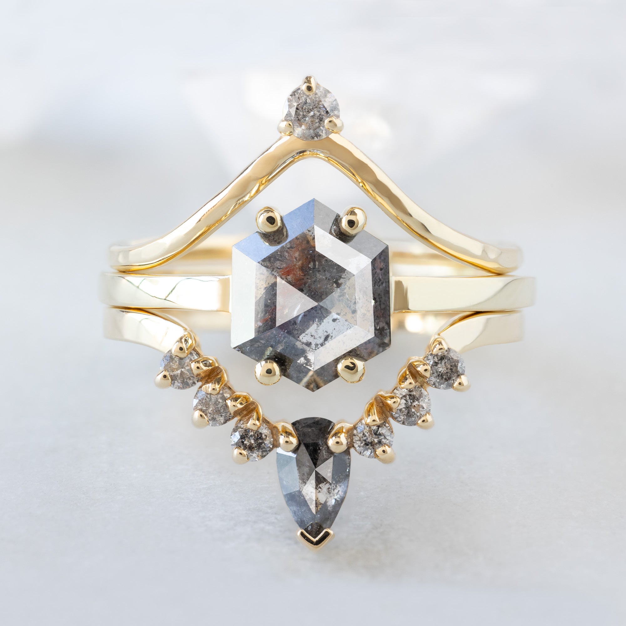 buy:salt-and-pepper-diamond-crown-stacking-band-14k-or-18k-yellow-gold,the-bryn-ring-94ct-hexagon-salt-and-pepper-diamond-in-14k-yellow-gold,black-and-white-diamond-sunburst-stacking-band-14k-gold