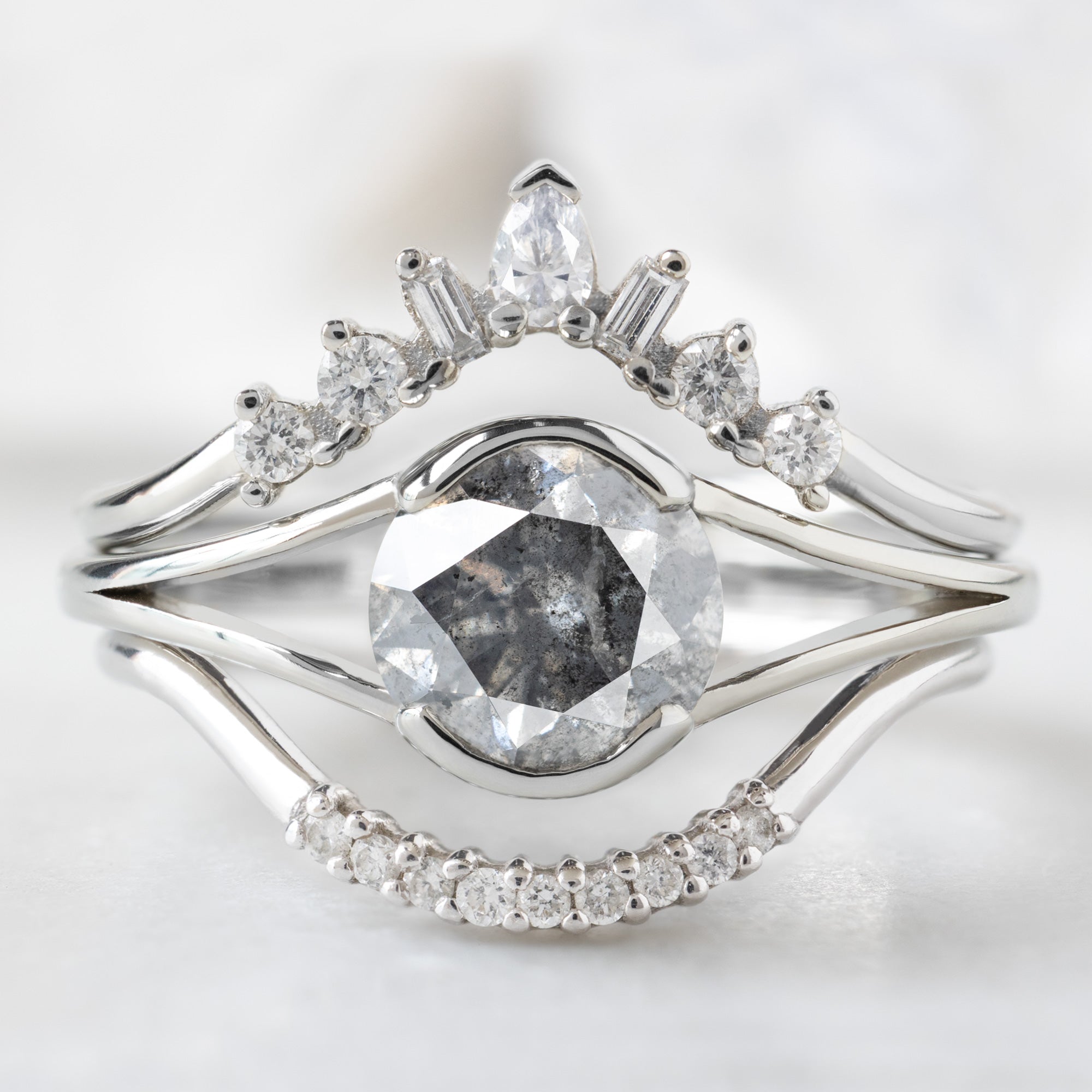 buy:geometric-white-diamond-sunburst-stacking-band-14k-or-18k-yellow-gold,the-magnolia-ring-1-08ct-round-salt-and-pepper-diamond-in-14k-white-gold,white-diamond-pave-arc-stacking-band-14k-or-18k-yellow-gold