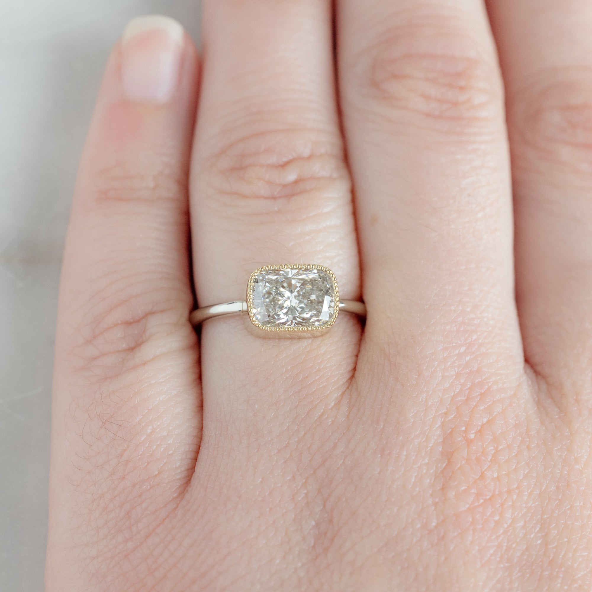 Alexis Russell  Engagement Rings The Milgrain Hazel Ring | 2.08ct Lab Grown Cushion Cut White Diamond in 14K Yellow Gold