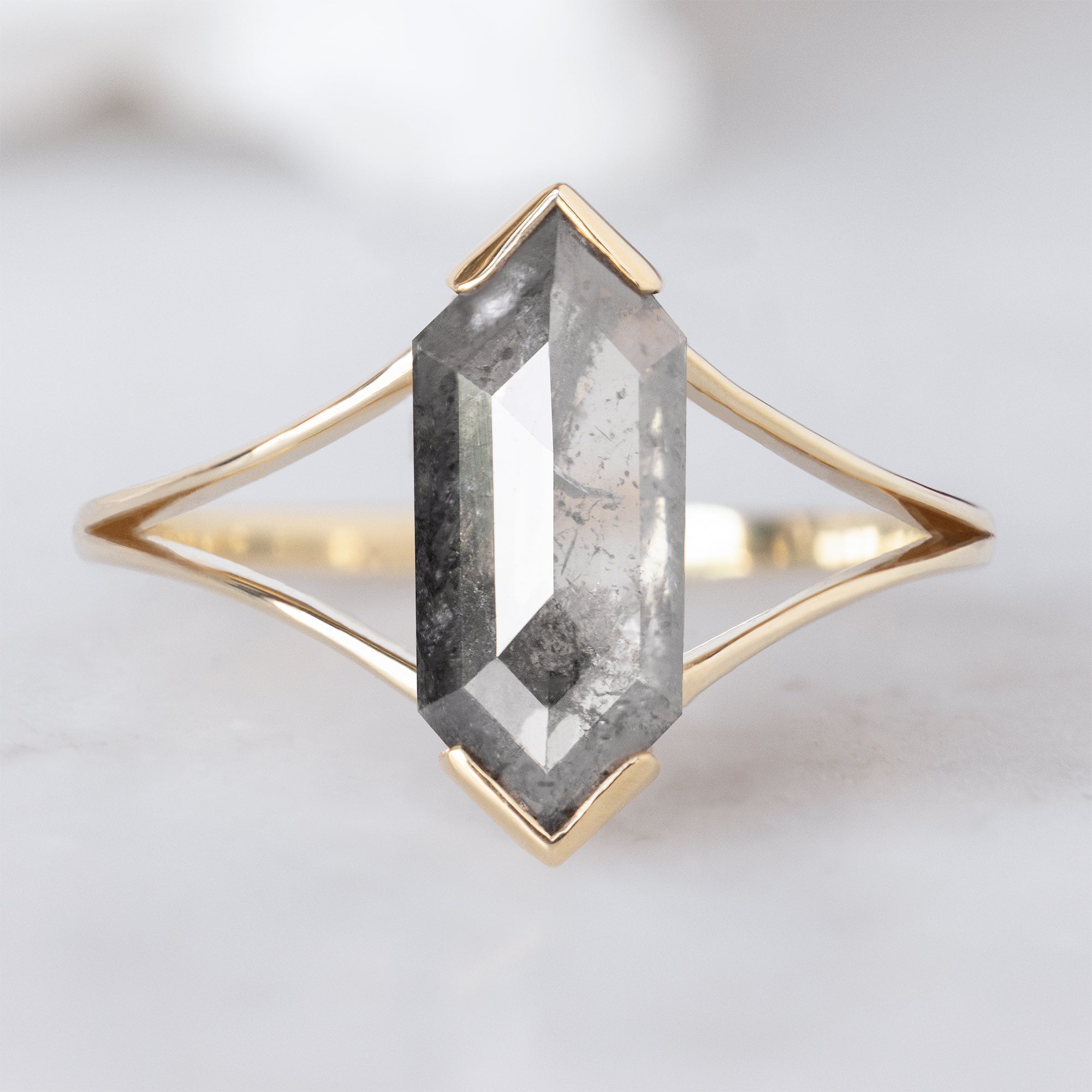 Alexis Russell  Engagement Rings The Magnolia Ring | with a 1.77ct Hexagon Salt and Pepper Diamond in 14K Yellow Gold