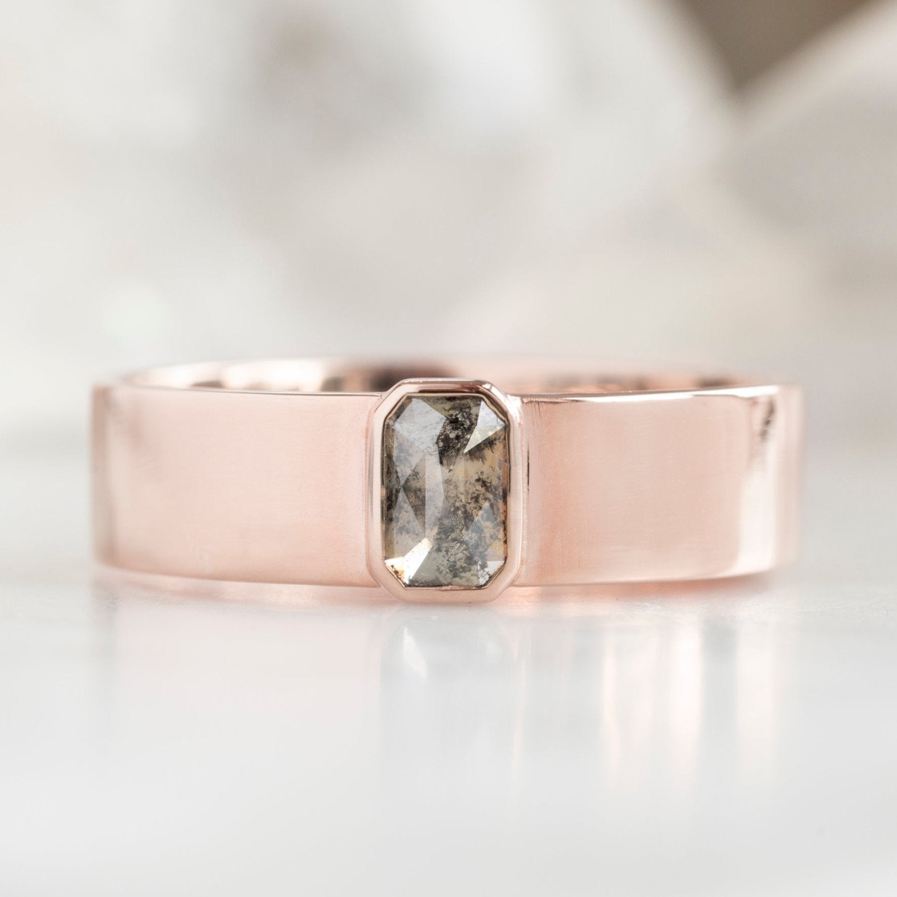 Alexis Russell Engagement Rings The Cigar Band with an Emerald-Cut Salt and Pepper Diamond | Yellow, Rose or White Gold