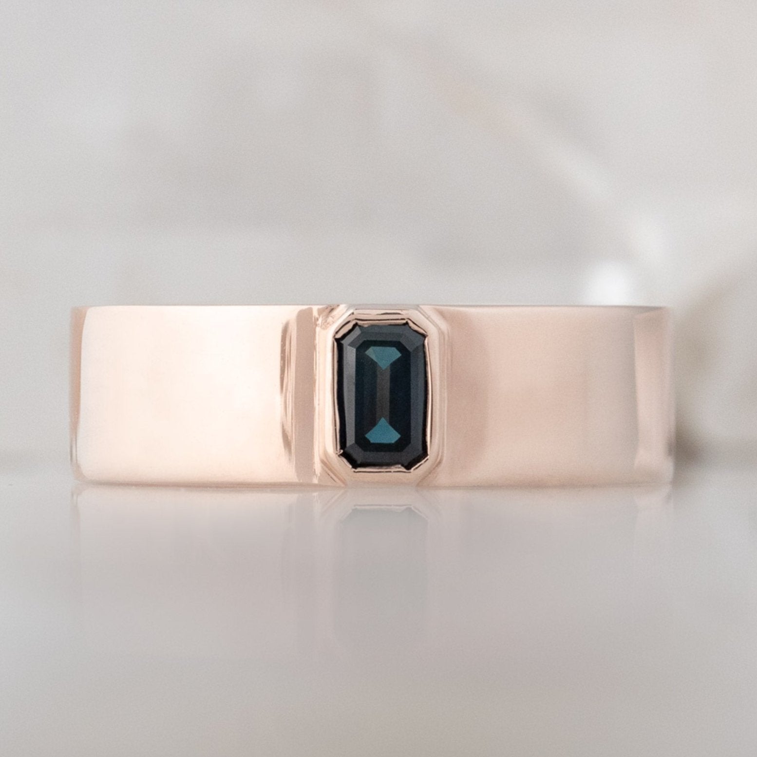 Alexis Russell Engagement Rings The Cigar Band with an Emerald-Cut Blue Sapphire | Yellow, Rose or White Gold