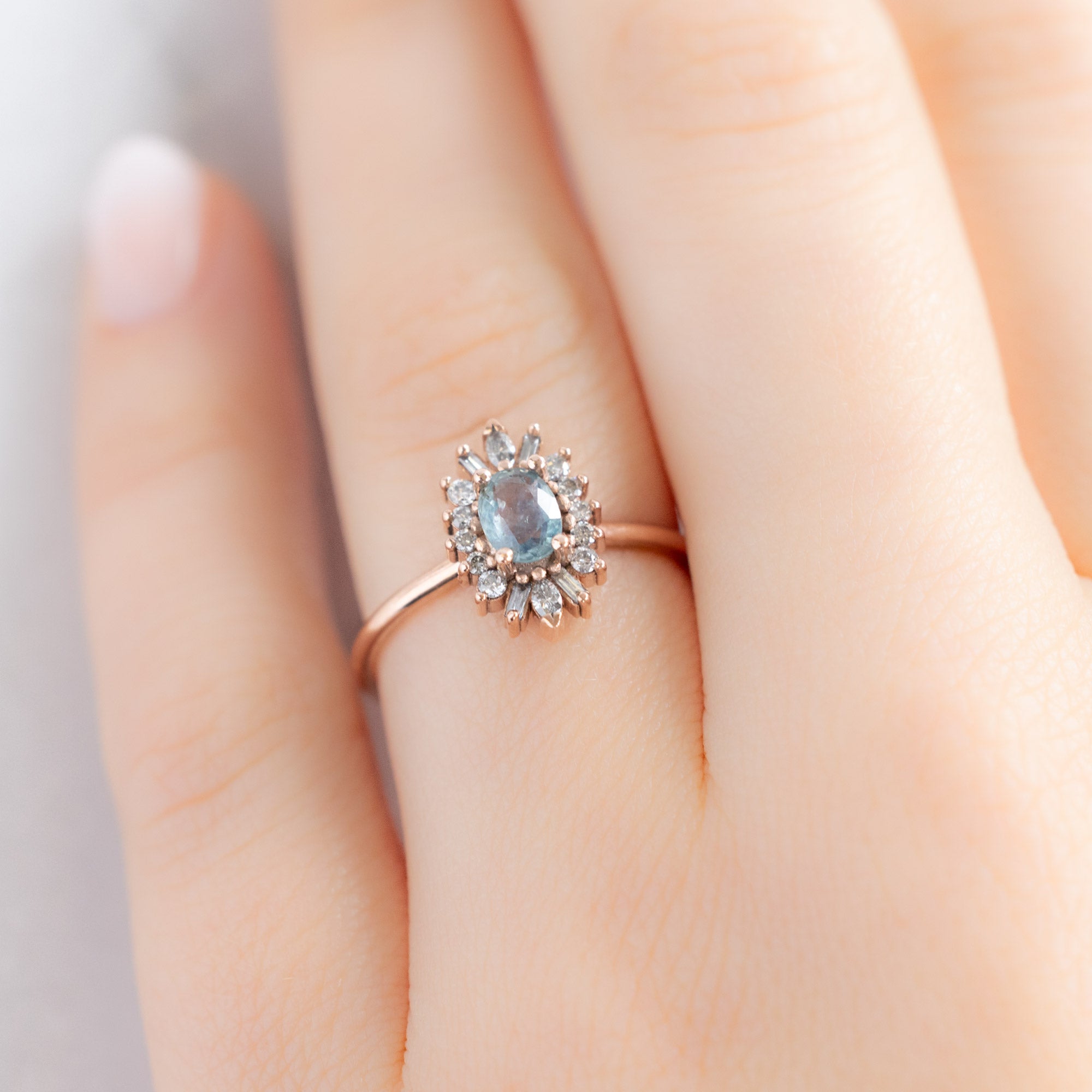 Alexis Russell Engagement Rings The Camellia Ring | 0.63ct Oval Montana Sapphire in 14K Rose Gold