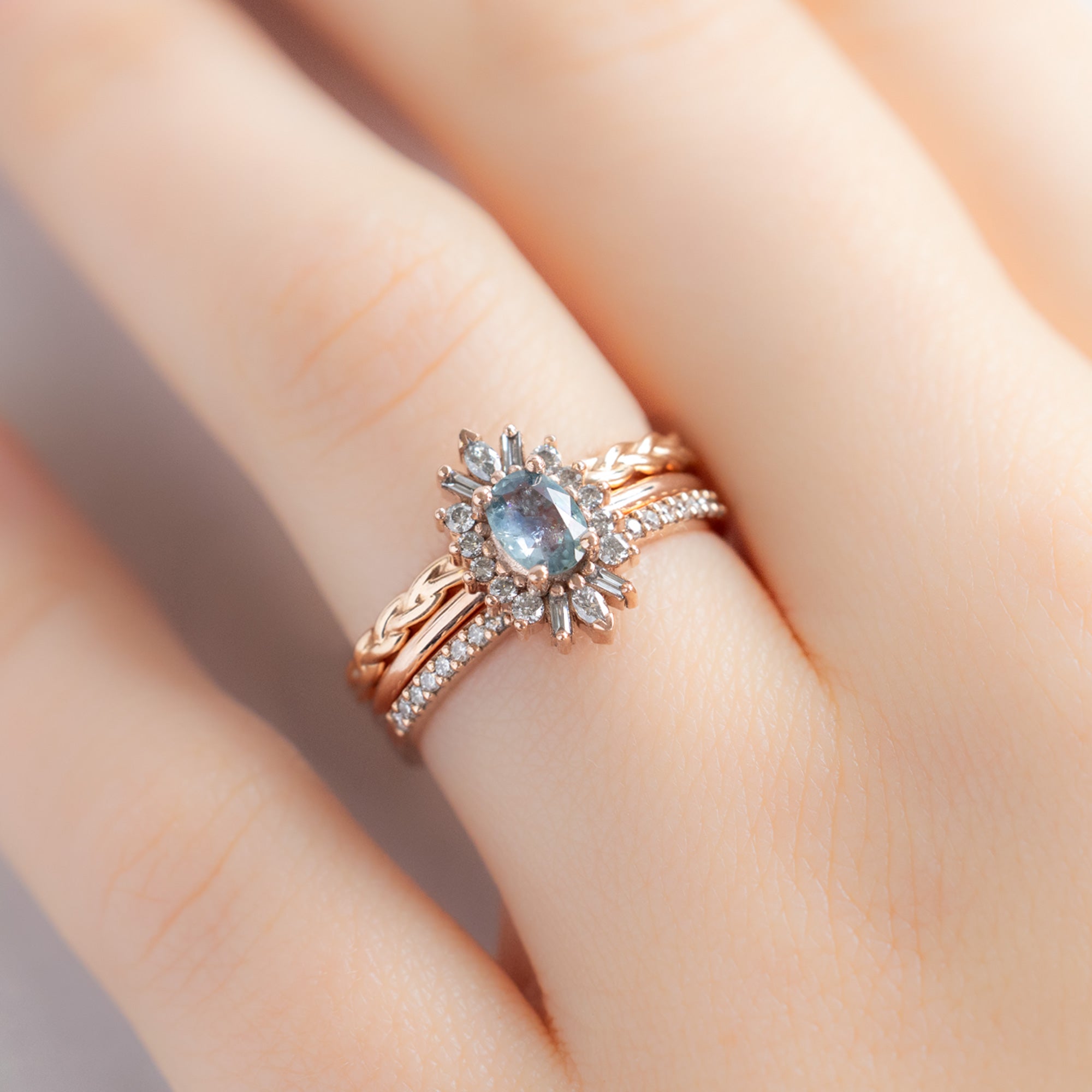 buy:the-gold-braided-stacking-ring-14k-rose-gold,the-camellia-ring-0-63ct-oval-montana-sapphire-in-14k-rose-gold,the-white-diamond-pave-wedding-band-14k-or-18k-yellow-gold