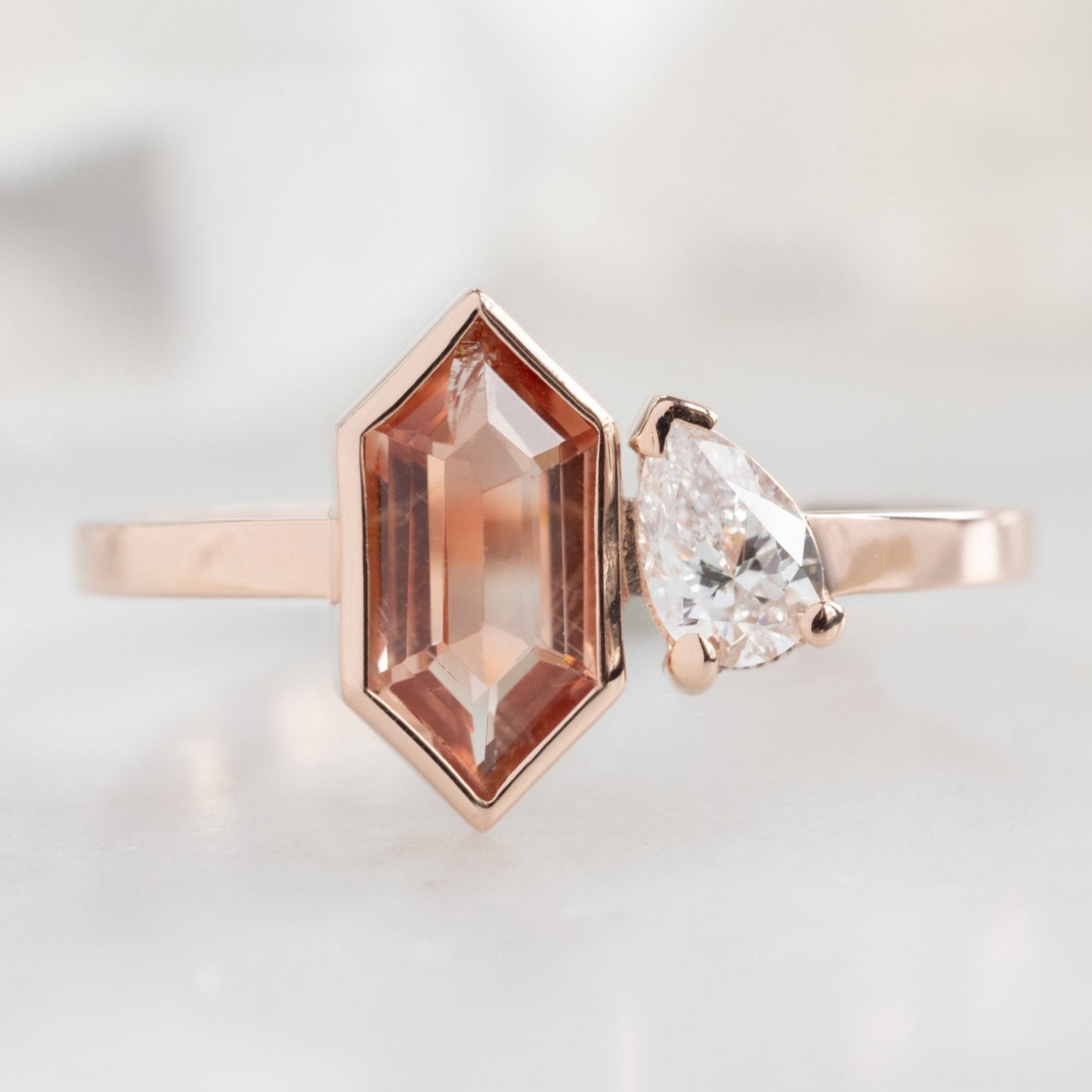 Alexis Russell Engagement Rings The You and Me Ring | 0.60ct Hexagon Oregon Sunstone in 14K Rose Gold