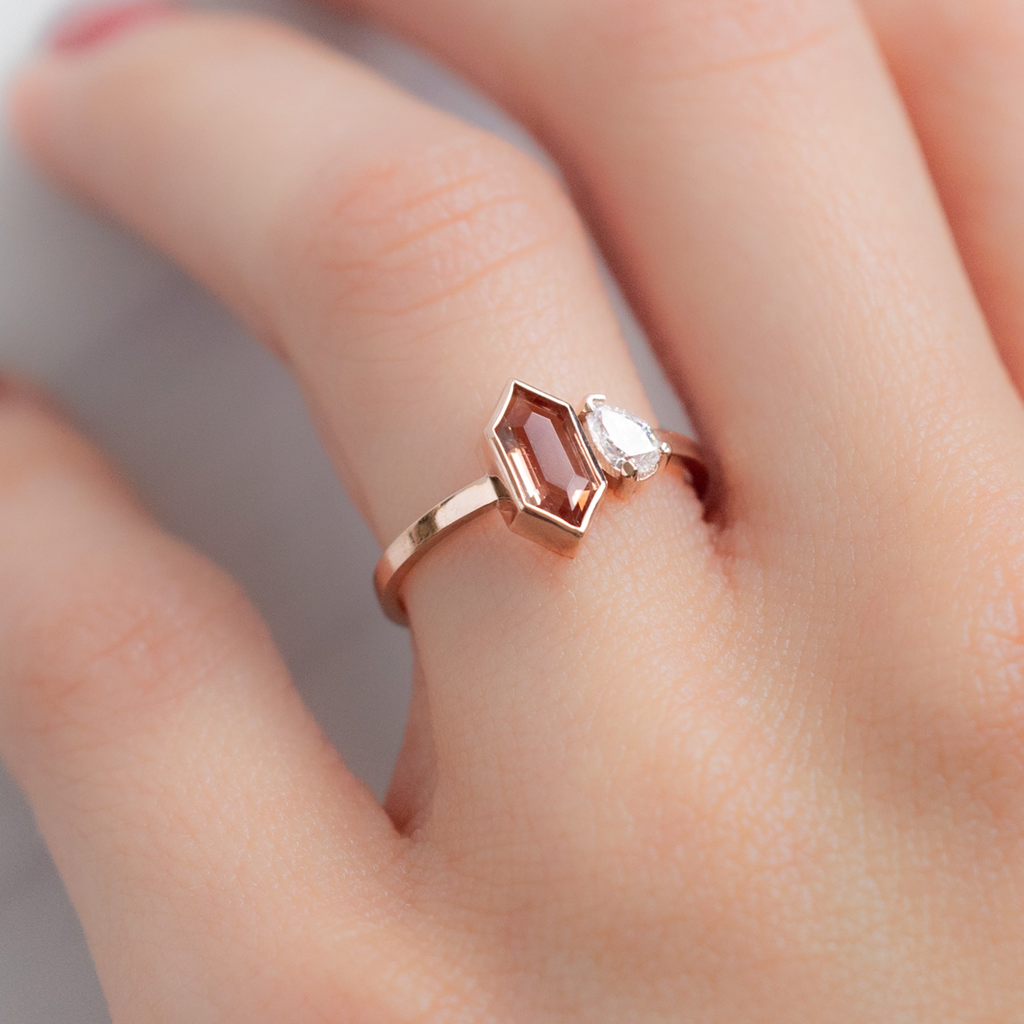 Alexis Russell Engagement Rings The You and Me Ring | 0.60ct Hexagon Oregon Sunstone in 14K Rose Gold